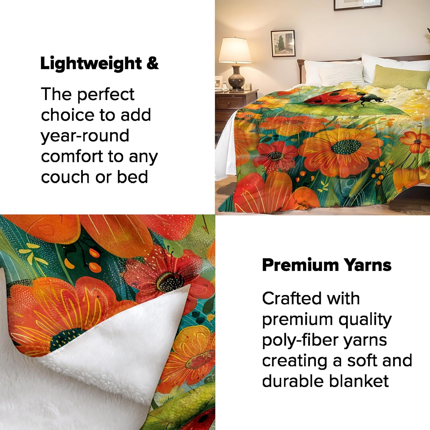 Ladybug Throw Blanket for Adults Kids, 50x60 in, Garden Theme Flannel Blankets for Bedroom, Couch, Travel, Home Decor, Fuzzy Soft Cozy Warm Gifts - Image 4