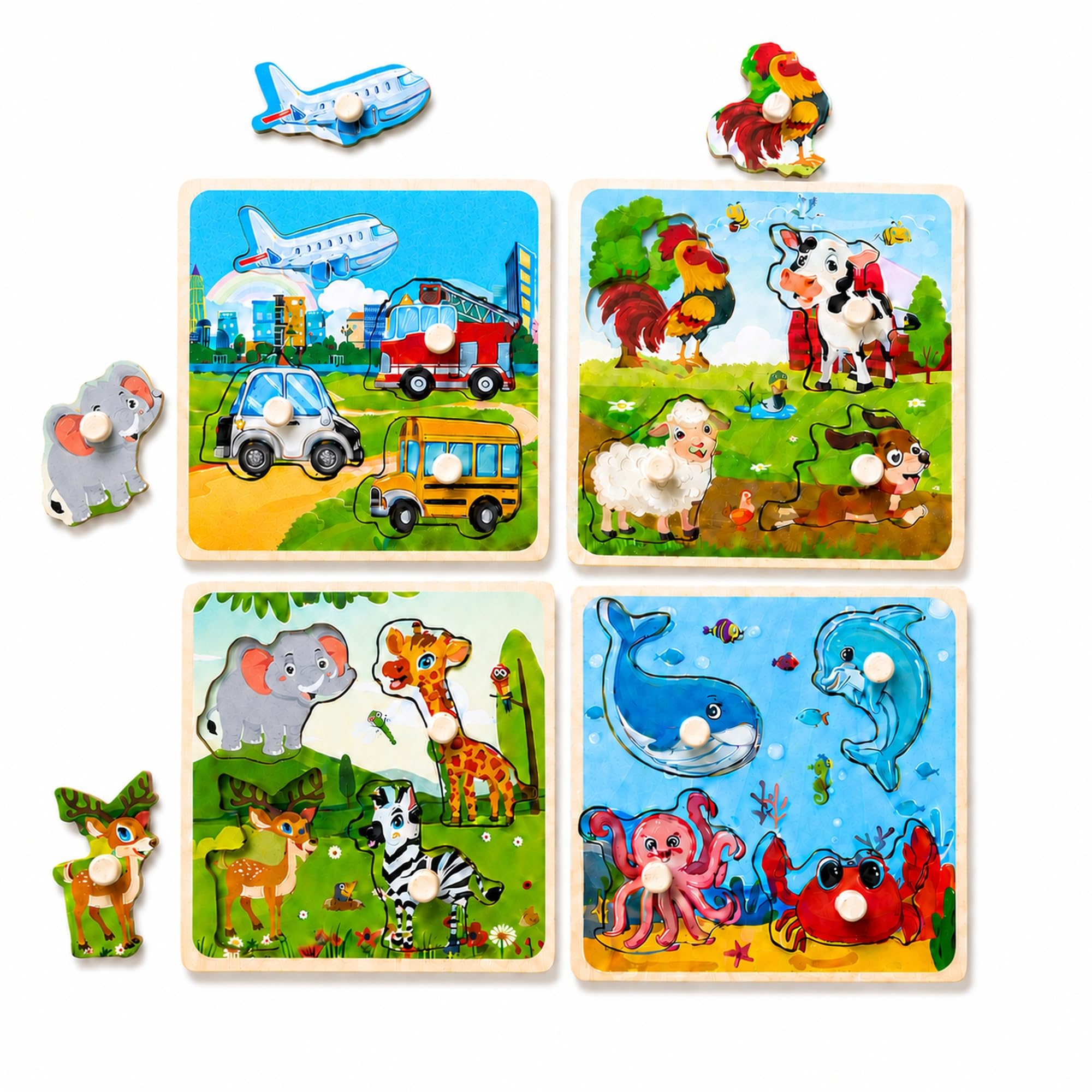 Wooden Peg Puzzle Set for Toddlers, 4 Pack Animal Vehicle Ocean Farm Puzzles, Montessori Wooden Puzzles for Ages 2-4, Preschool Learning Toys for Fine Motor Skills, Gifts for Boys Girls 1 2 3 4