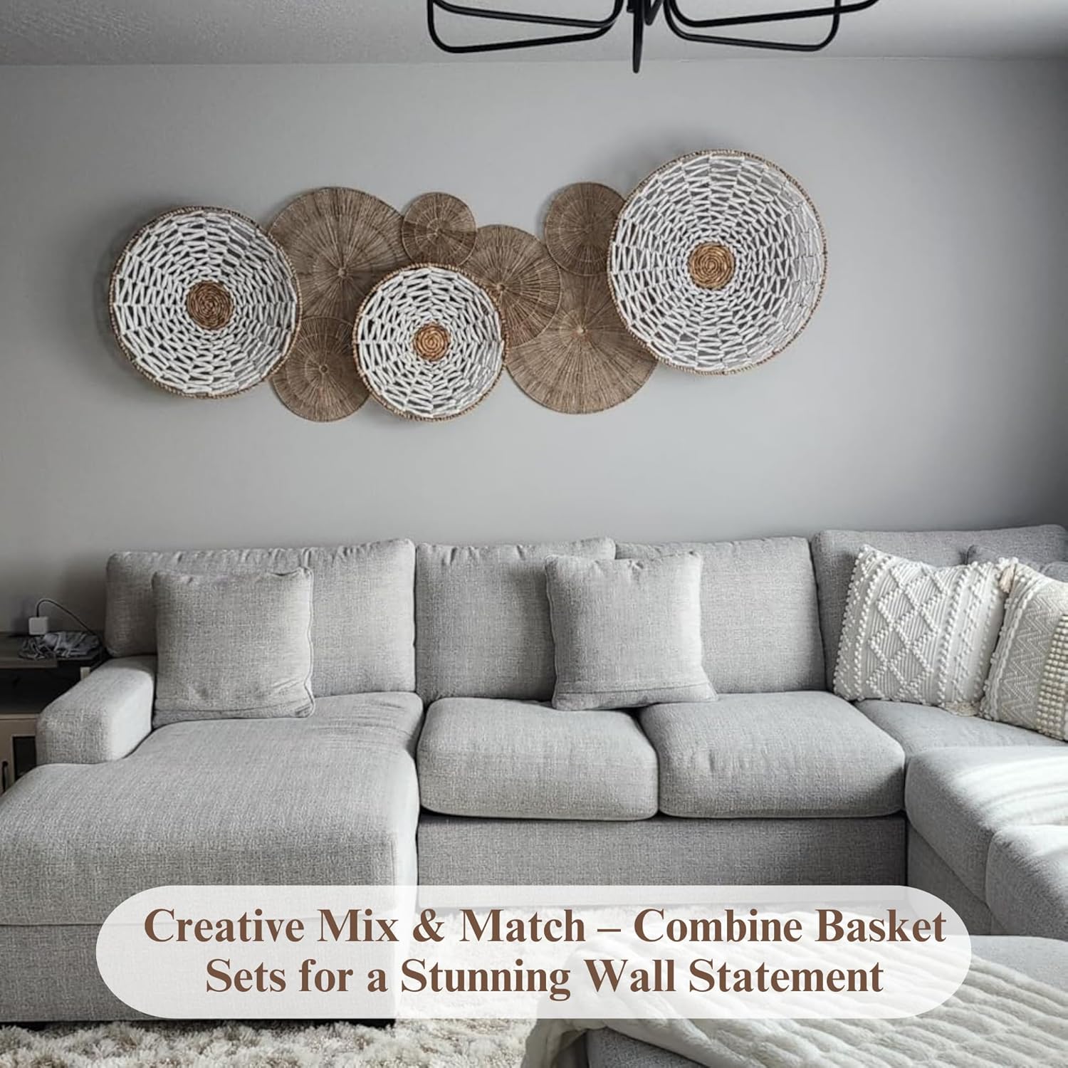 Wicker Wall Decor, Set of 6 pieces 22/21/16/14/12/10", Flat Baskets For Wall Decor,Woven Wall Art for Above Bed Decoration,Boho Decorative Wall Plate With Metal Frame