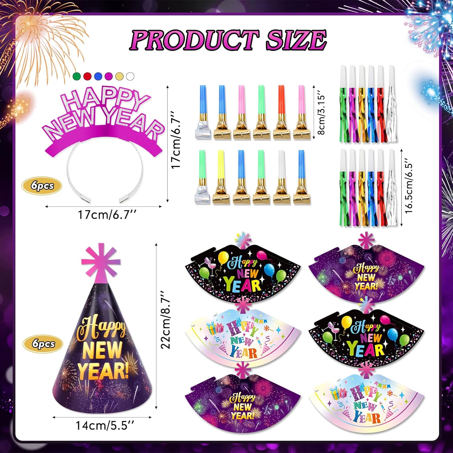 HOWAF 2026 New Year Eve's Party Supplies, Happy New Year Tiaras Headband Paper Glasses Cone Hats Glitter Blowouts Noisemaker for 2026 New Years Party Decorations, Colorful - Image 2