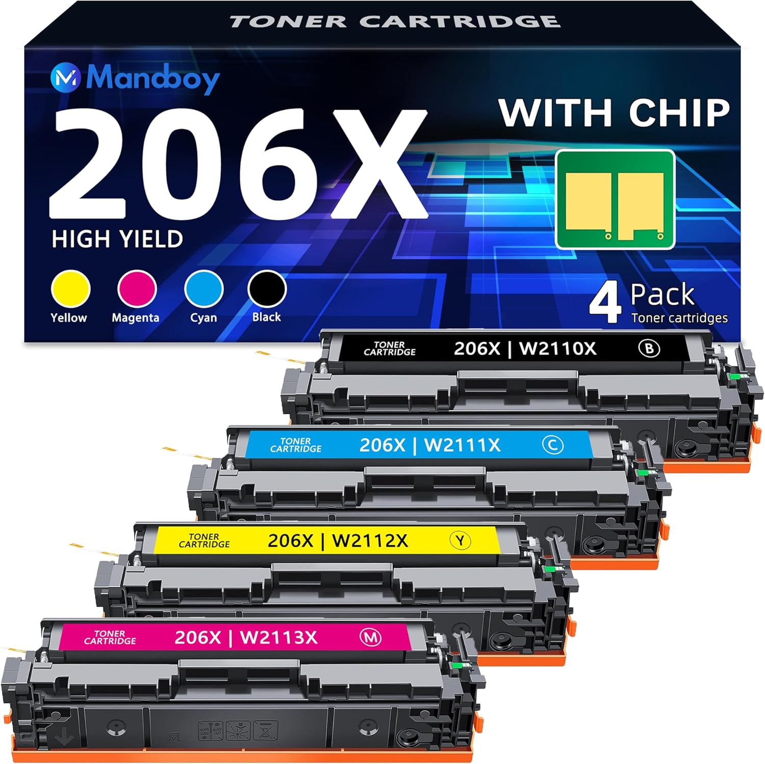 206X Toner Cartridges 4 Pack High Yield Set (1Black 1Cyan 1Magenta 1Yellow) Replacement for HP 206X 206A Toner Color Laser Pro MFP M283fdw M255dw M283cdw M283fdn M255nw M282nw M282 M283 M255 Printer