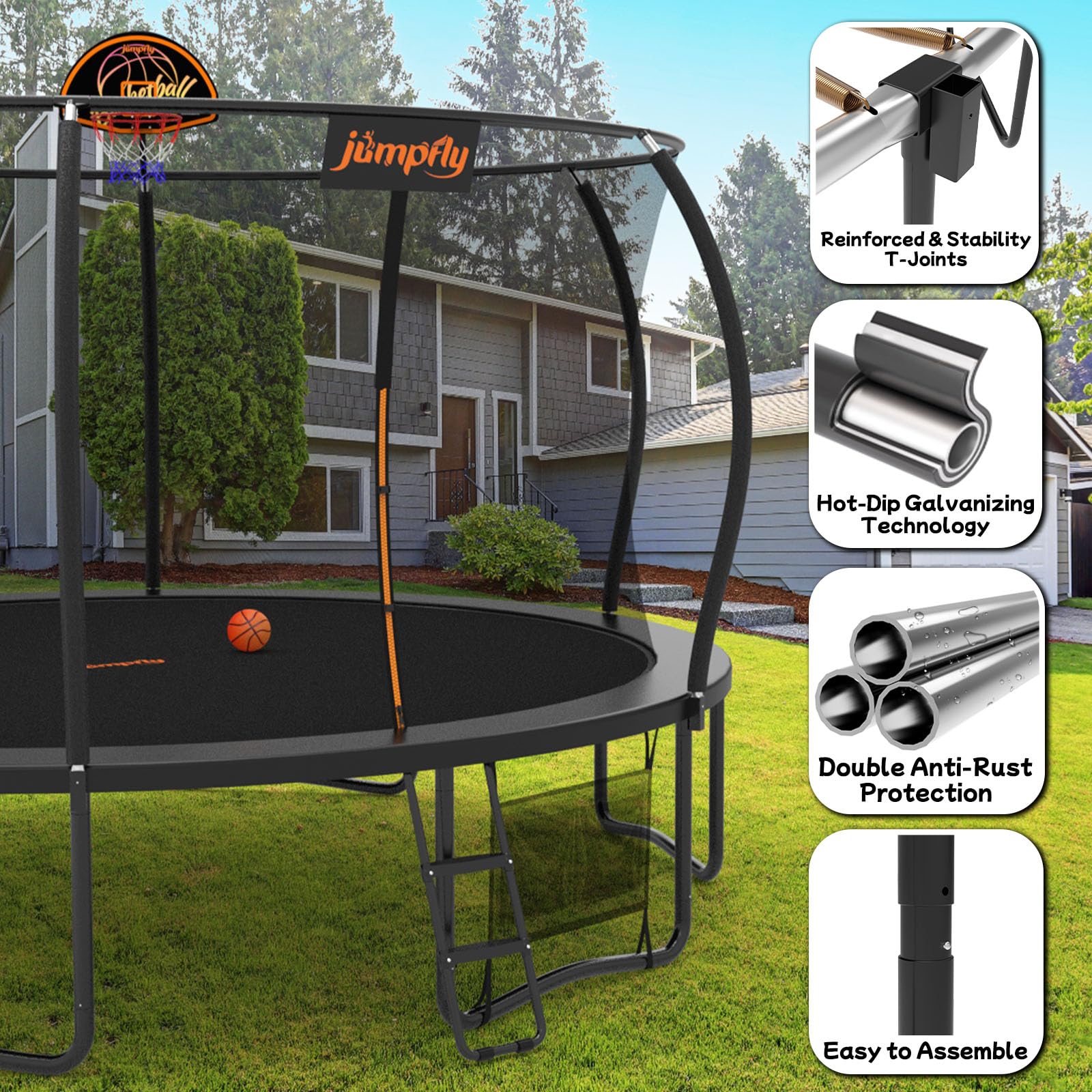 Jumpfly Tranpoline Outdoor Tranpoline for Kid with Basketball Hoop 10FT Recreational Tranpoline with Enclosure Net Dual-color Pad Quick & Easy Assembly ASTM Certified Big Tranpoline for Backyard Black