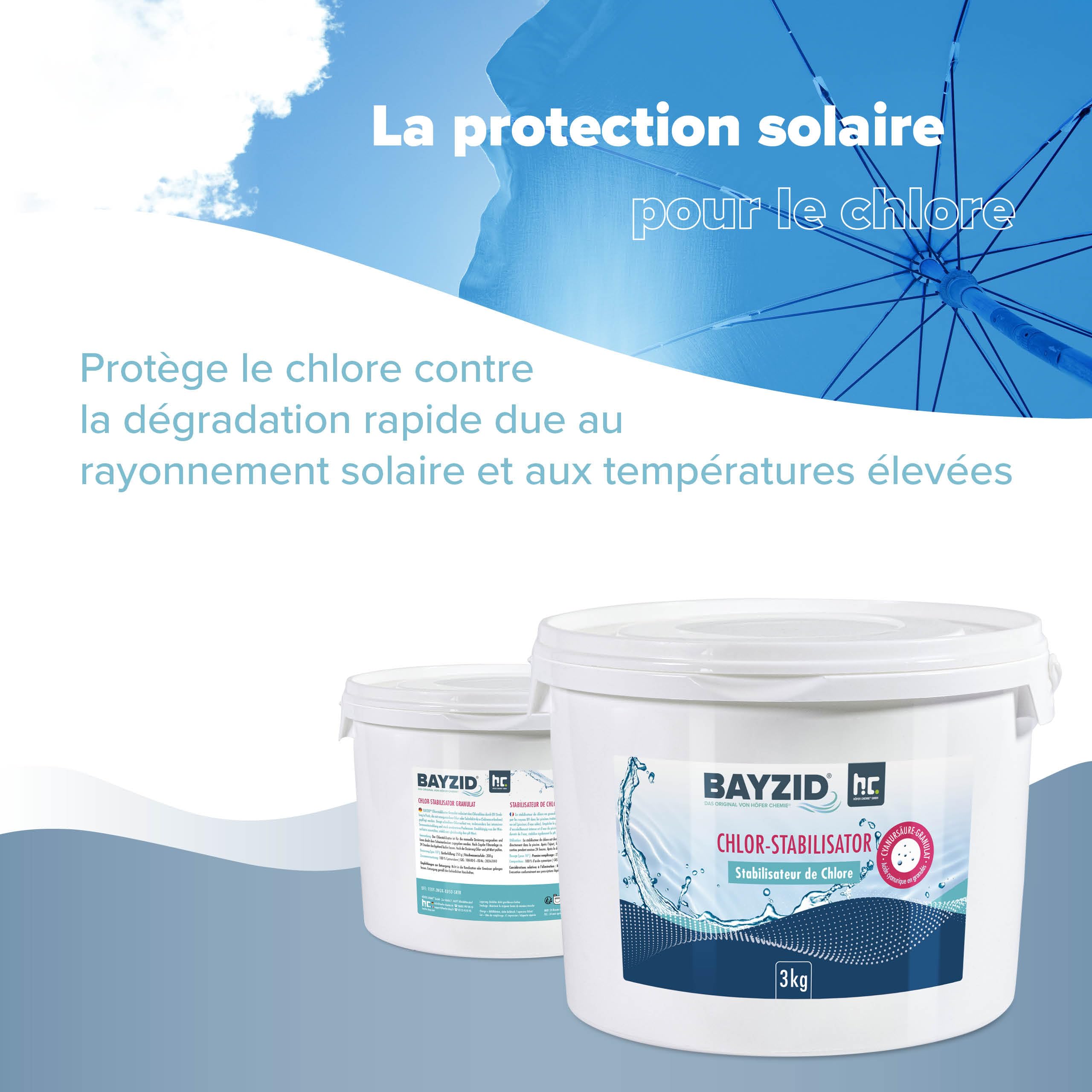 BAYZID Stabilisateur de Chlore pour Piscine 3 kg - Acide Cyanurique en Granulés - Anti-UV et Économiseur de Chlore - Idéal Électrolyse au Sel et Chlore Liquide - Eau Cristalline