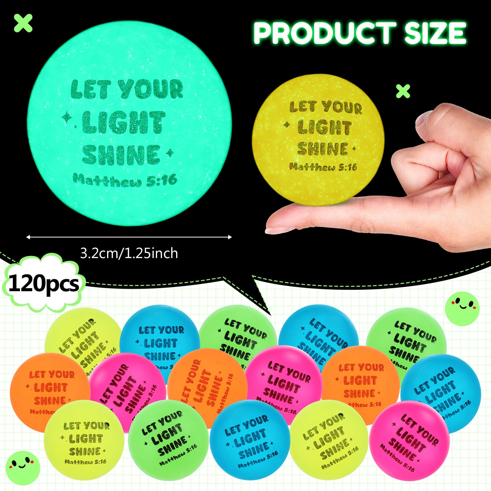 Seenelling 120 palline rimbalzanti Christian Glow in the Dark