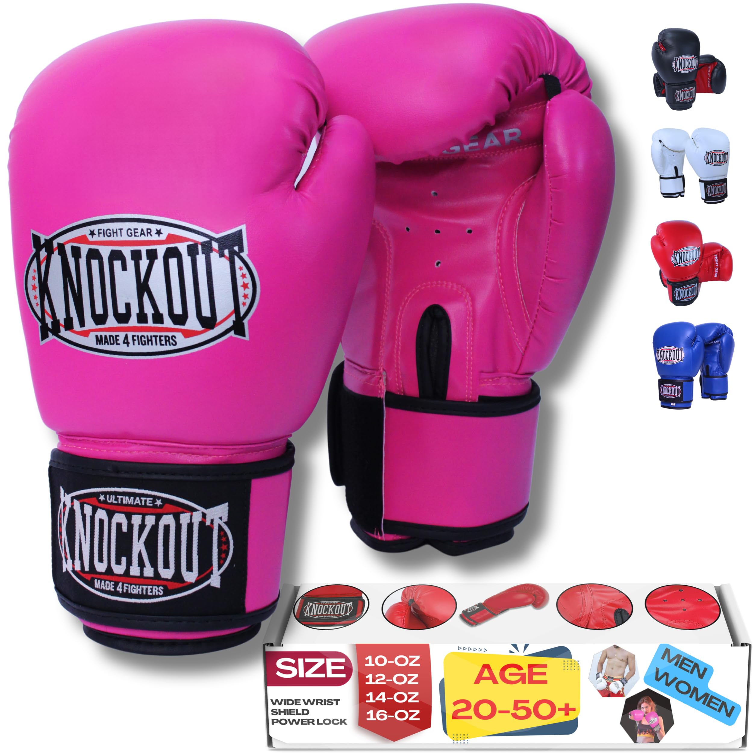 Knockout Gel Boxing Gloves for Men Women - Pro Training Sparring, Maya Hide Leather Muay Thai MMA Kickboxing, Adults-Kids Heavy Bag Workout Gloves for Boxing -Ultra-Wide Wrist Support 10 oz - 16 oz