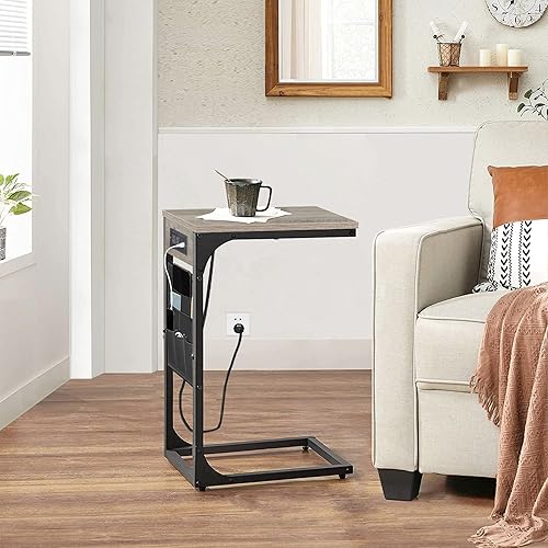 Miniatura 2 de TUTOTAK Mesa auxiliar en forma de C con estación de carga, mesa auxiliar con 2 puertos USB y tomacorrientes, mesa de aperitivos en forma de C con