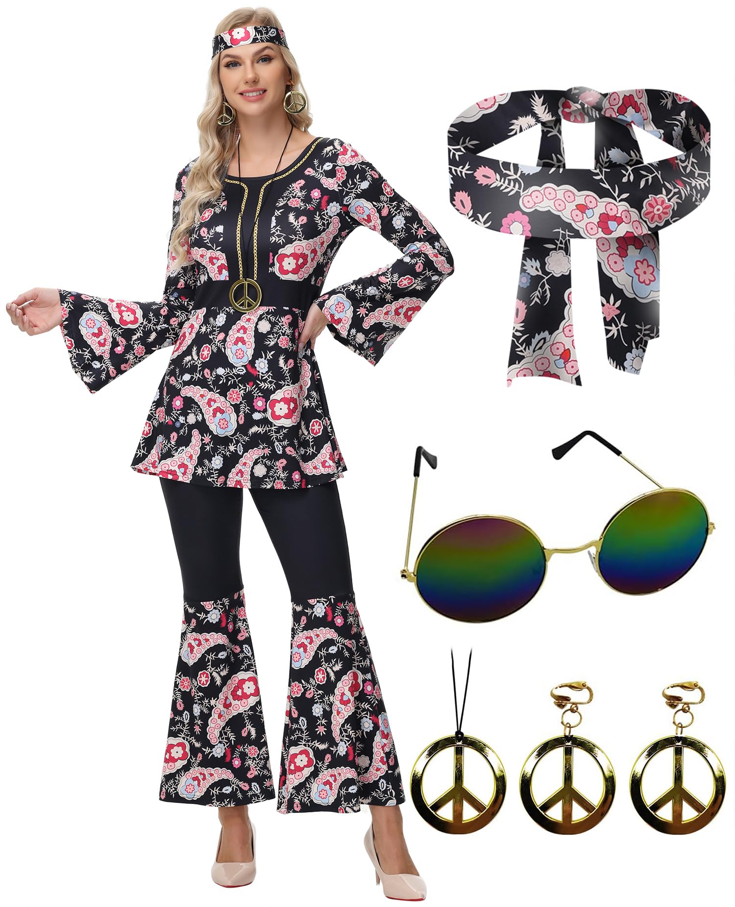 ELFIN Disfraz hippie de los años 60 y 70 para mujer, accesorios con parte superior hippie, pantalones, gafas, diadema, collar, pendientes, disfraz de discoteca, carnaval, fiesta temática, Halloween