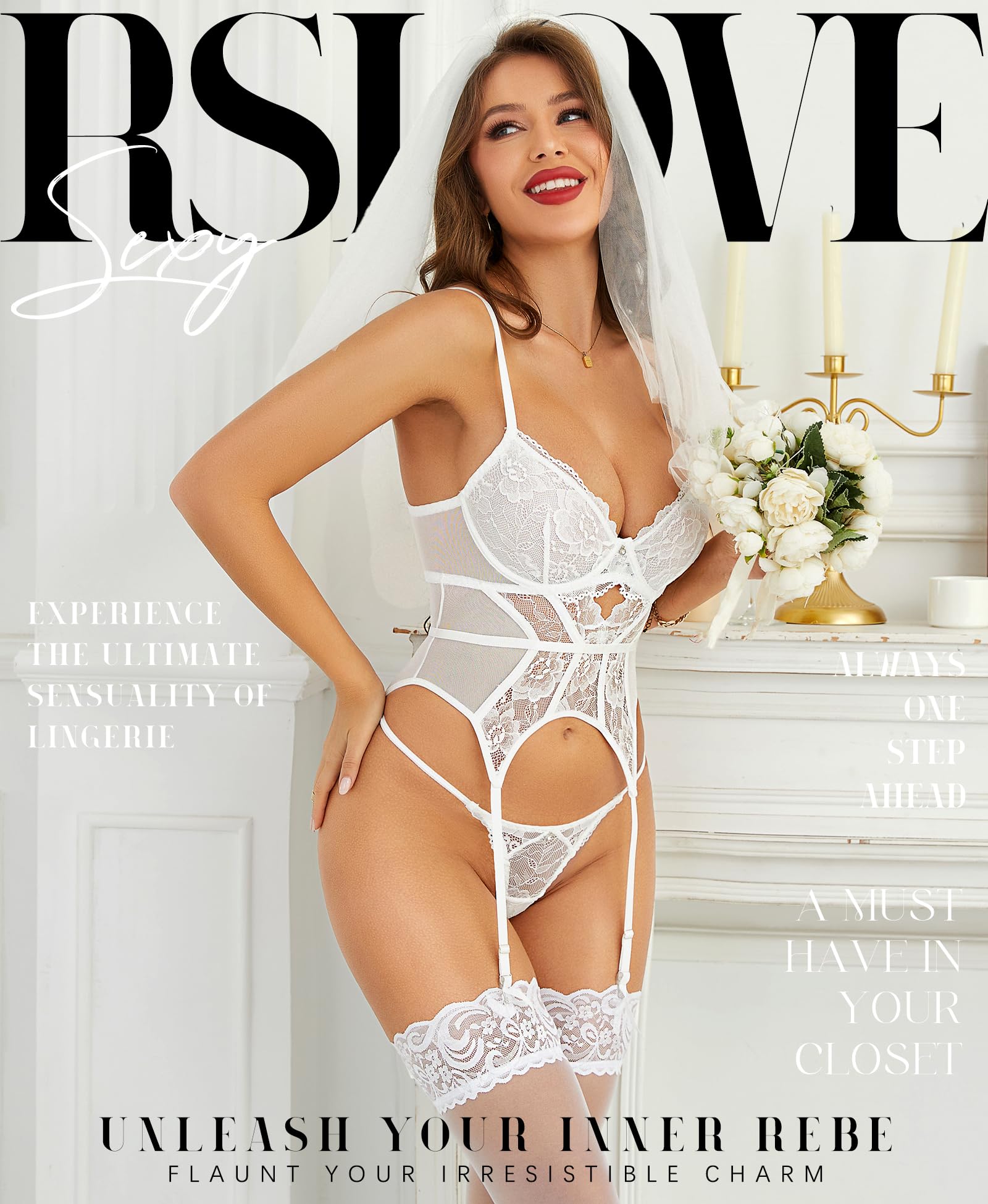 Ensembles de Lingerie Femme Sexy – Body Basque en Dentelle avec Jarretière, 2 Pièces