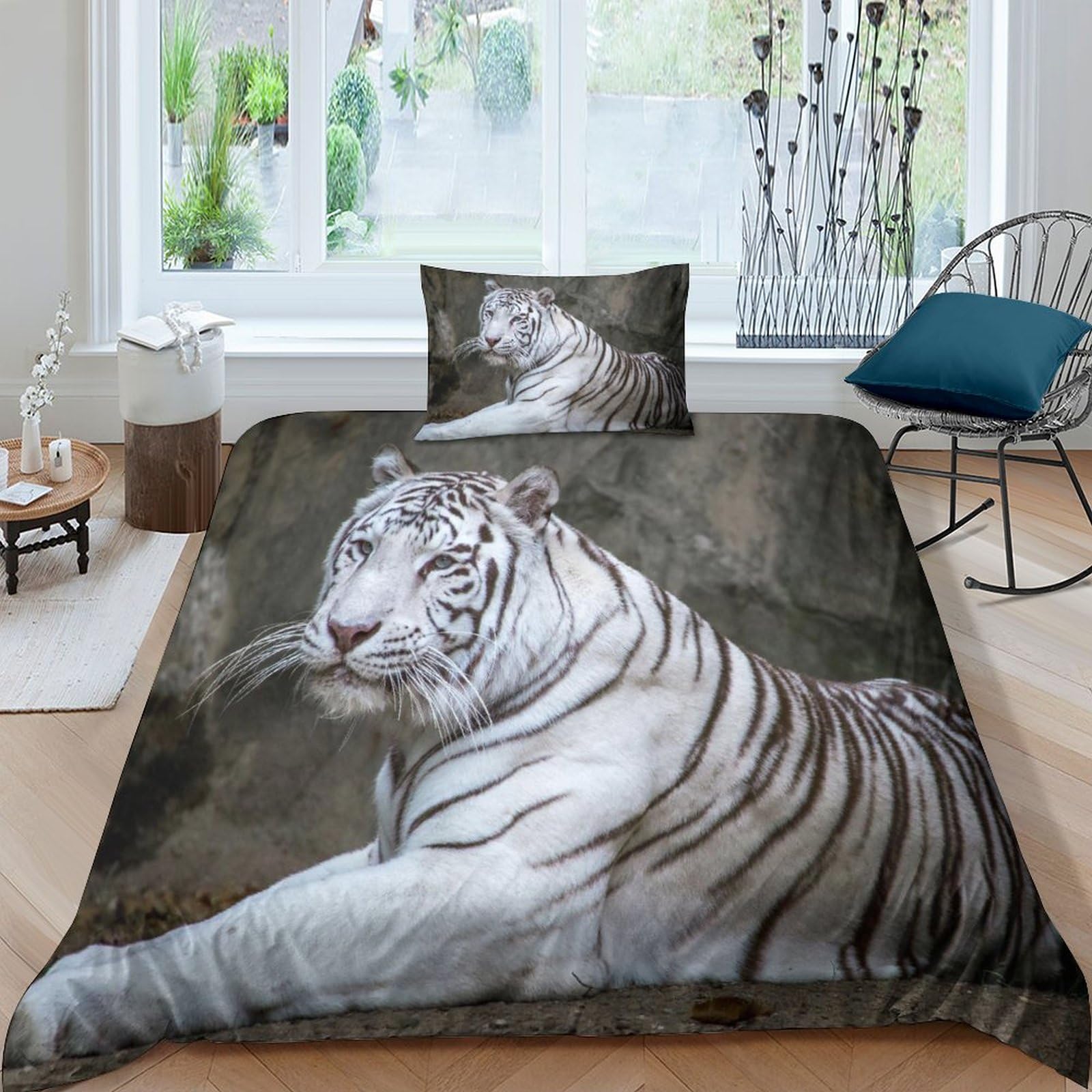 Parure de lit tigre blanc en microfibre 3D avec housse de couette et taies d'oreiller