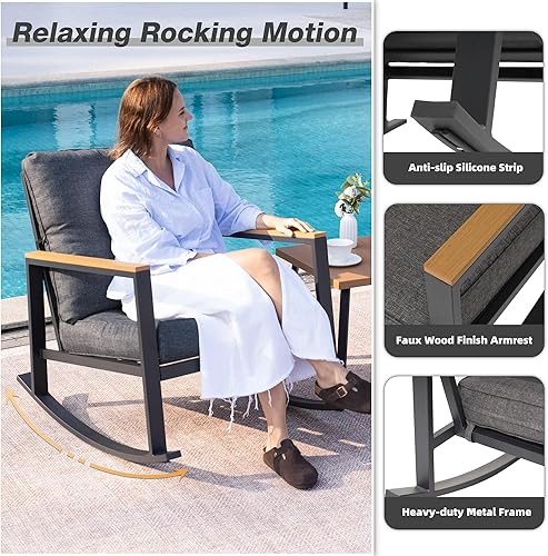 Miniatura 3 de Juego de 3 piezas mecedoras de bistró, juego de muebles de patio al aire libre con cojines gruesos y mesa auxiliar, juegos de conversación de patio