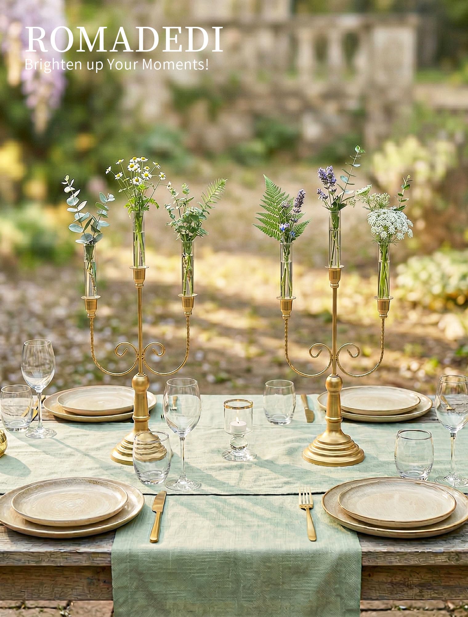 Romadedi Kandelaber, goldfarbener Kerzenhalter, 39,9 cm hoch, 3-armig, Metall, konisch, Kerzenhalter für Hochzeit, Tisch, Esszimmer, Party, Kamin, Kaminsims, Weihnachtsdekoration, 6 Stück