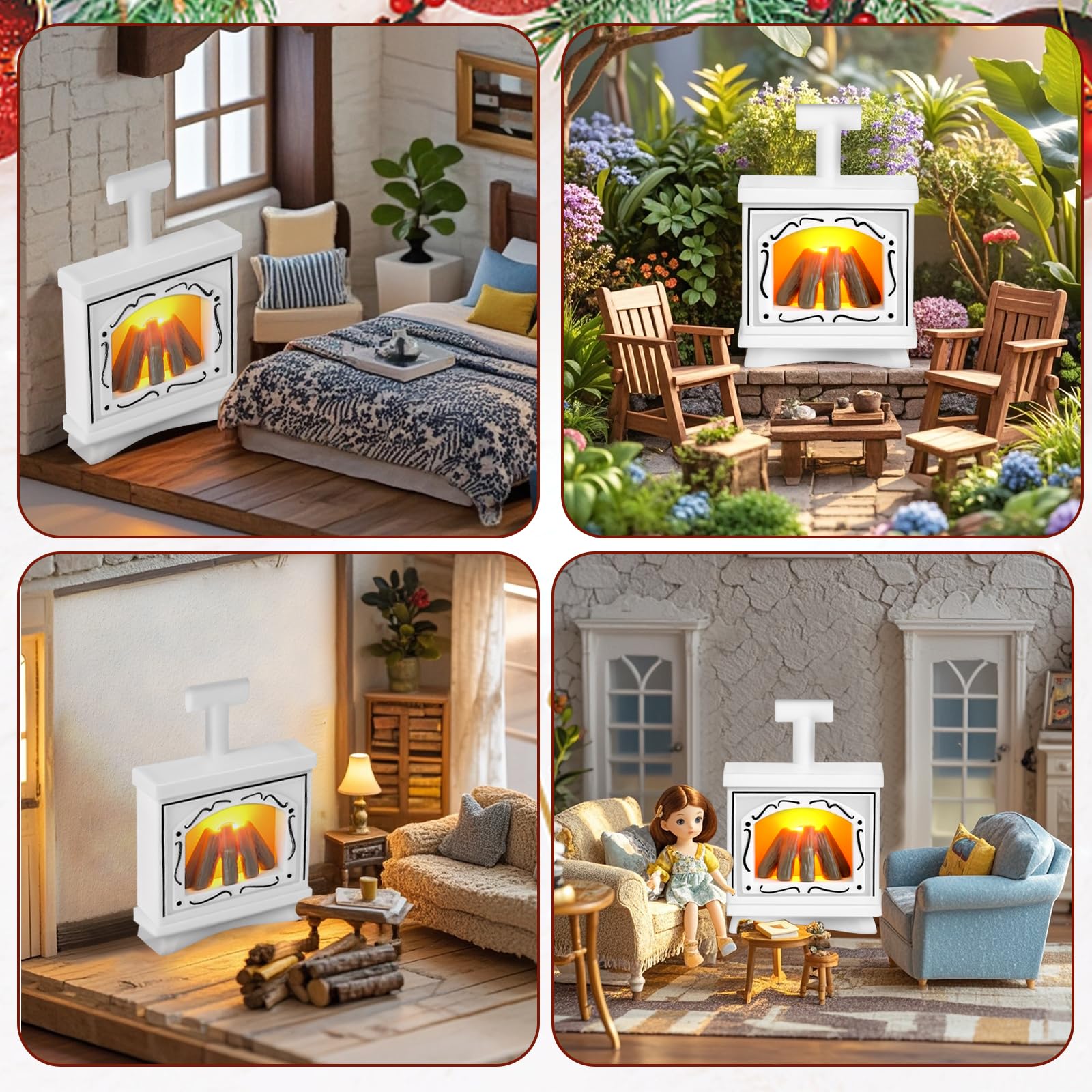 Kerstelf accessoires – mini open haard met licht, schommelstoel, brei- of krantenartikel – elfendeur & poppenhuisdecoratie - België