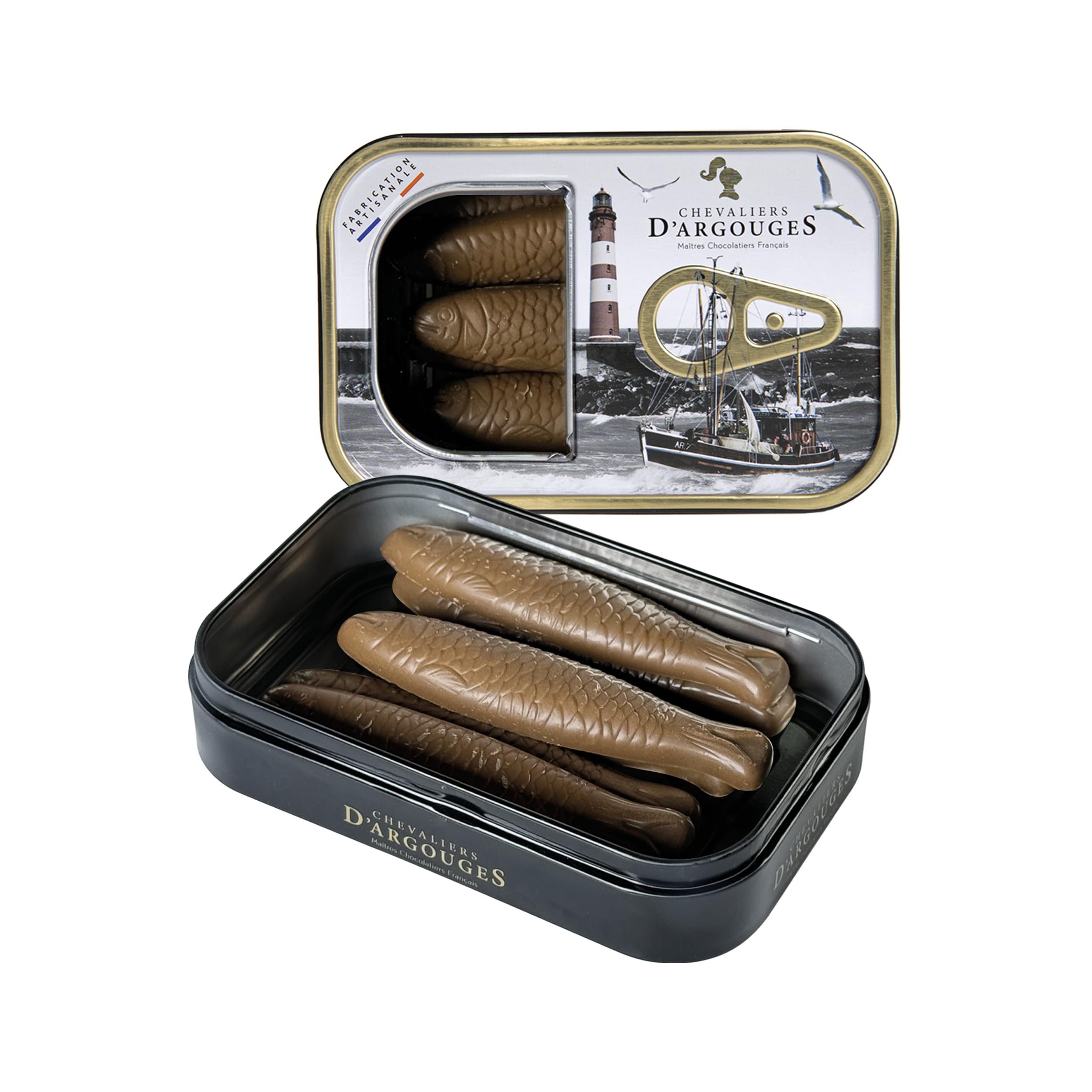 CHEVALIERS D'ARGOUGES Maîtres Chocolatiers Français - Boite sardines en chocolat - Souvenir de Normandie - 80g
