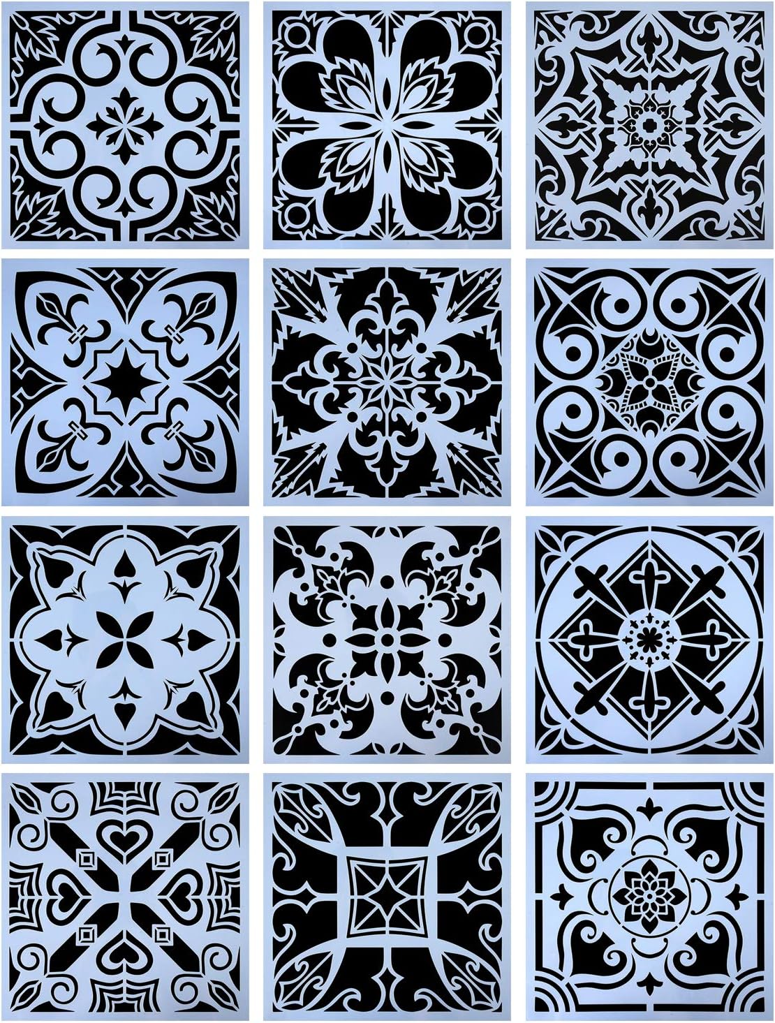 YUEAON 12-Pack (12x12Inch) Painting Stencils for Floor Wall Tile Fabric Furniture Wood Burning Art&Craft Supplies Mandala Template-reuseable