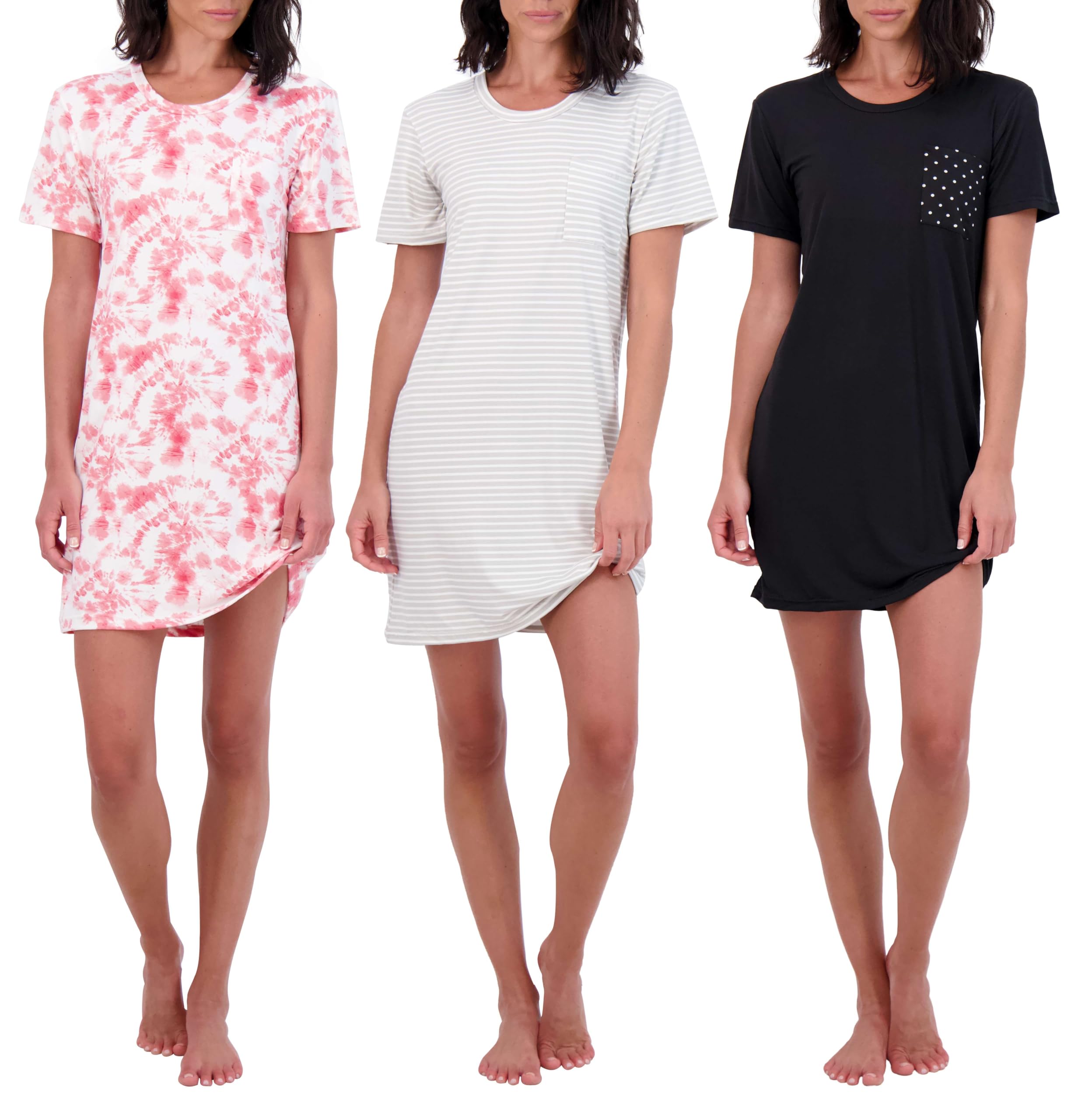 Real Essentials 3 Pack: Women's Short Sleeve Nightgown Dress – Nightshirt Pajama Sleep Shirt Sleepwear (Available In Plus)
