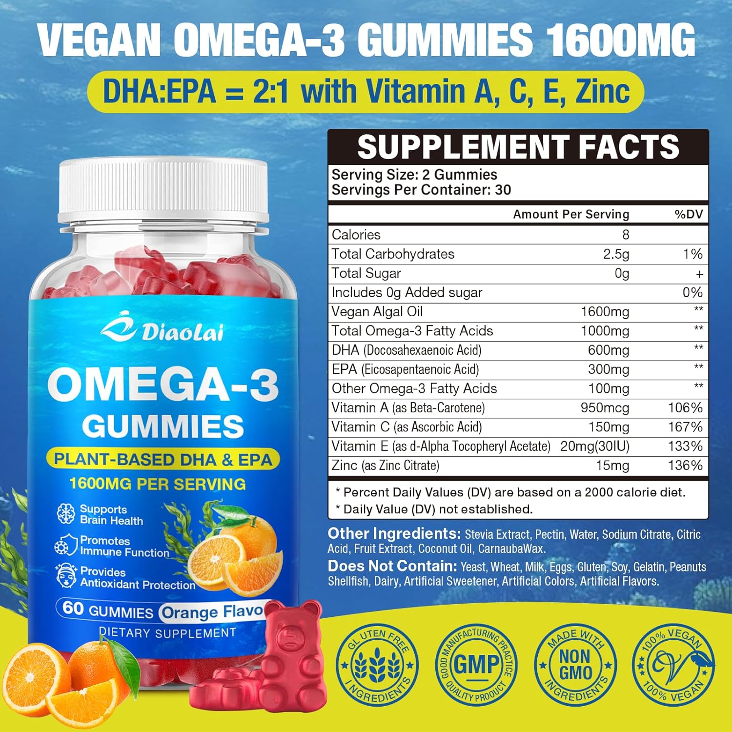 2 Pack Vegan Omega-3 Gummies for Adults – Sugar-Free, Algae-Based DHA 600mg & EPA 300mg, with Vitamins A, C, E, Zinc – Omega 3 Fish Oil Alternative, 120 Count