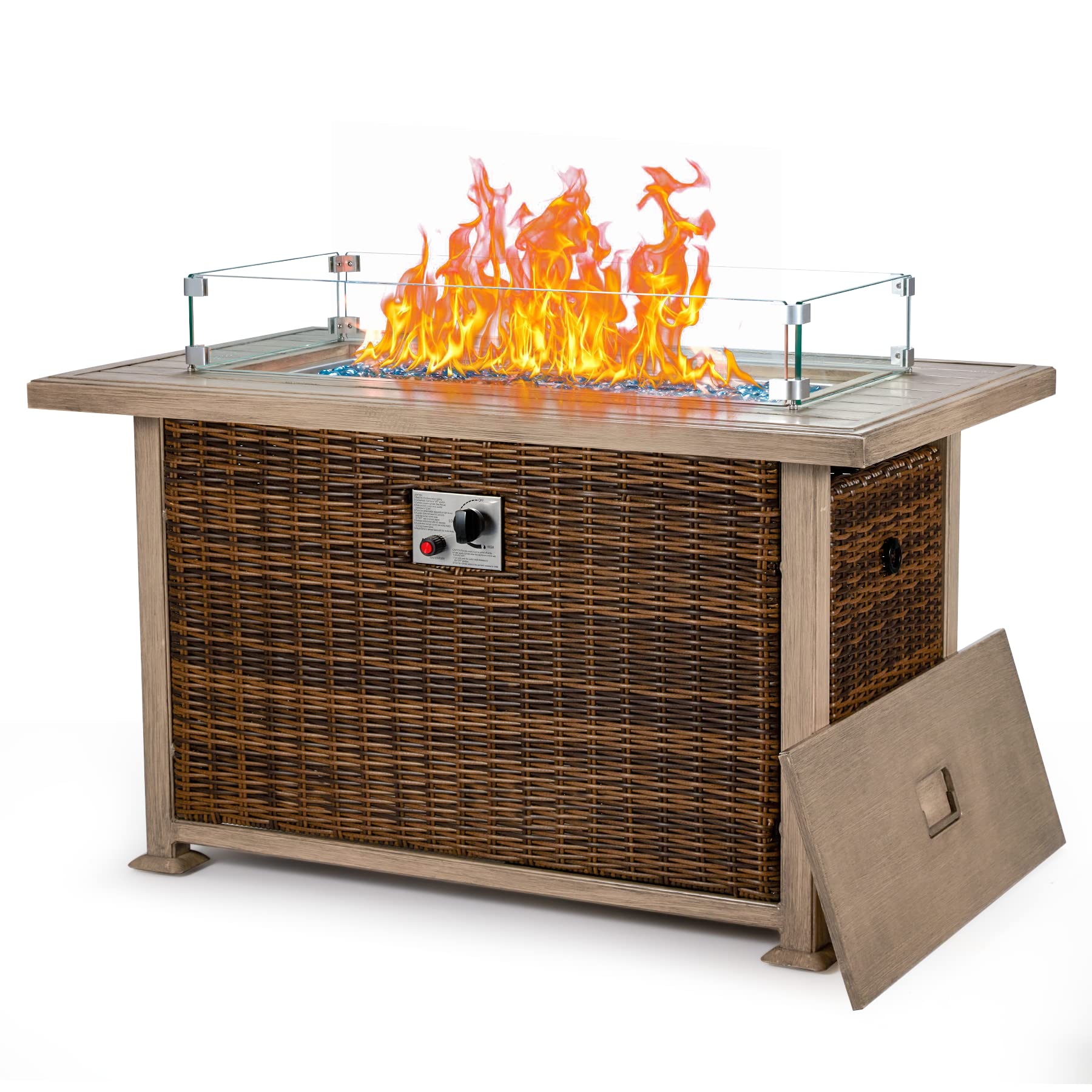 GYUTEI 44in Propane Fire Pit Table, 50,000 BTU Auto-Ignition Gas Fire Table with CSA Certification, 2 Hidden Side Hooks, 1 Glass Wind Guard, Aluminum Hand-Painted Table Top for Outside Patio (Brown)
