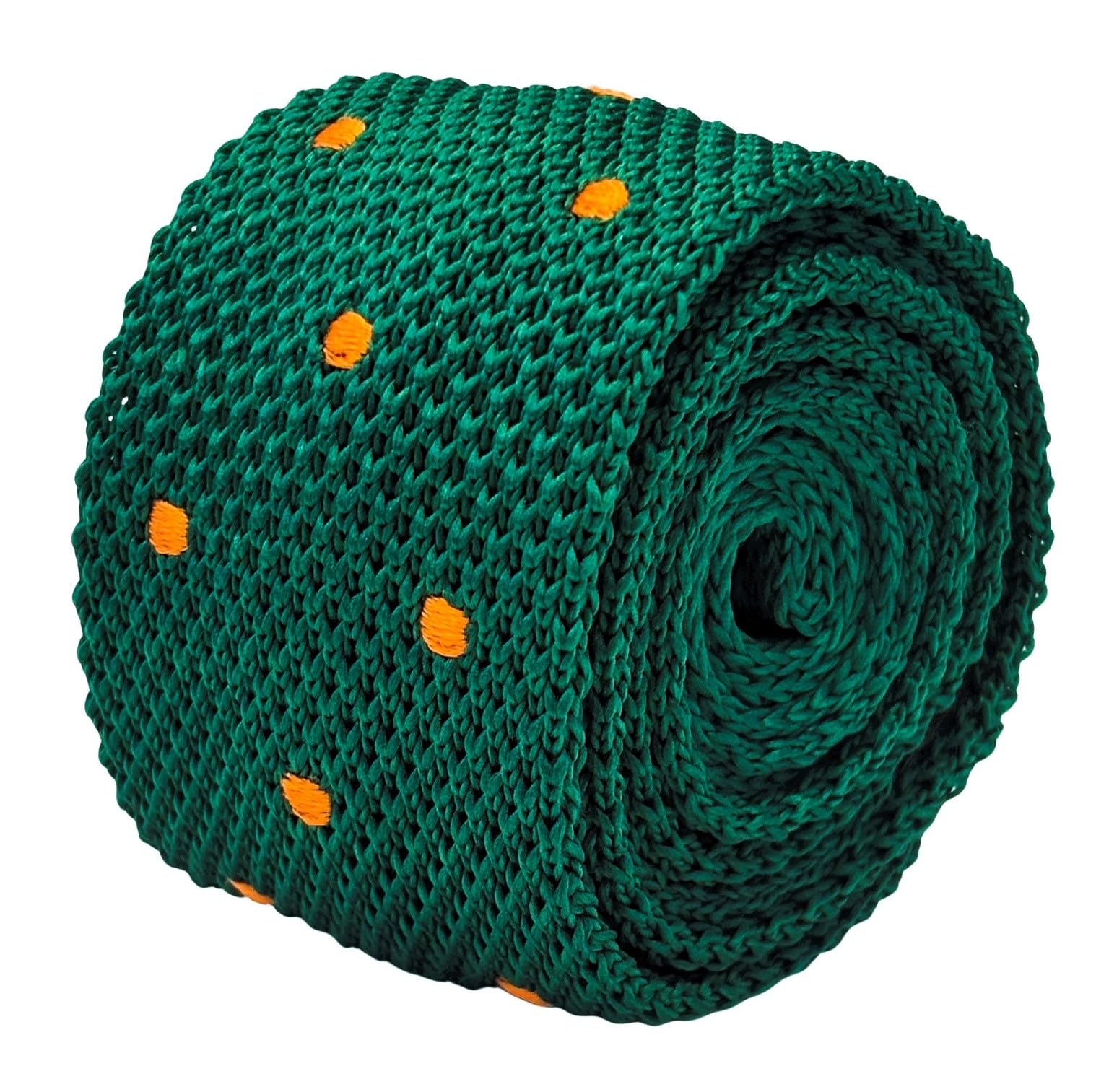 Frederick Thomas Emerald Green Knitted Necktie, 5 Cm Width, With Orange Polka Spots, Irish Design