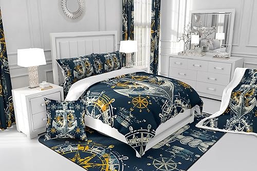 Miniatura 6 de Manfei Juego de sábanas náuticas para niños, tamaño matrimonial, juego de ropa de cama con brújula de ancla náutica para decoración de habitación de