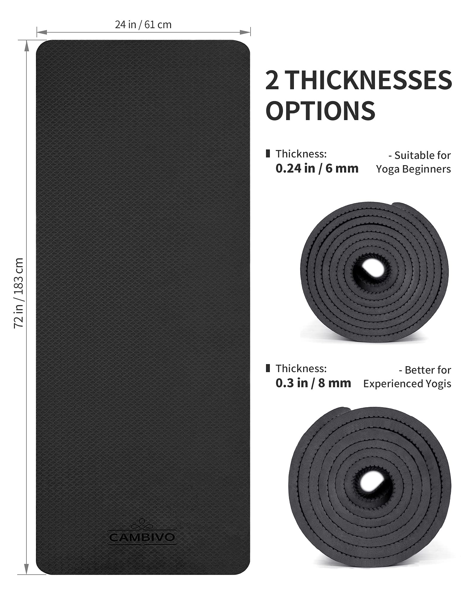 CAMBIVO Tappetino Yoga Antiscivolo 8mm, 183 x 61cm Tappetino Palestra Spesso in TPE, Yoga Mat Tappeto Pilates Fitness Alta Densità con Tracolla