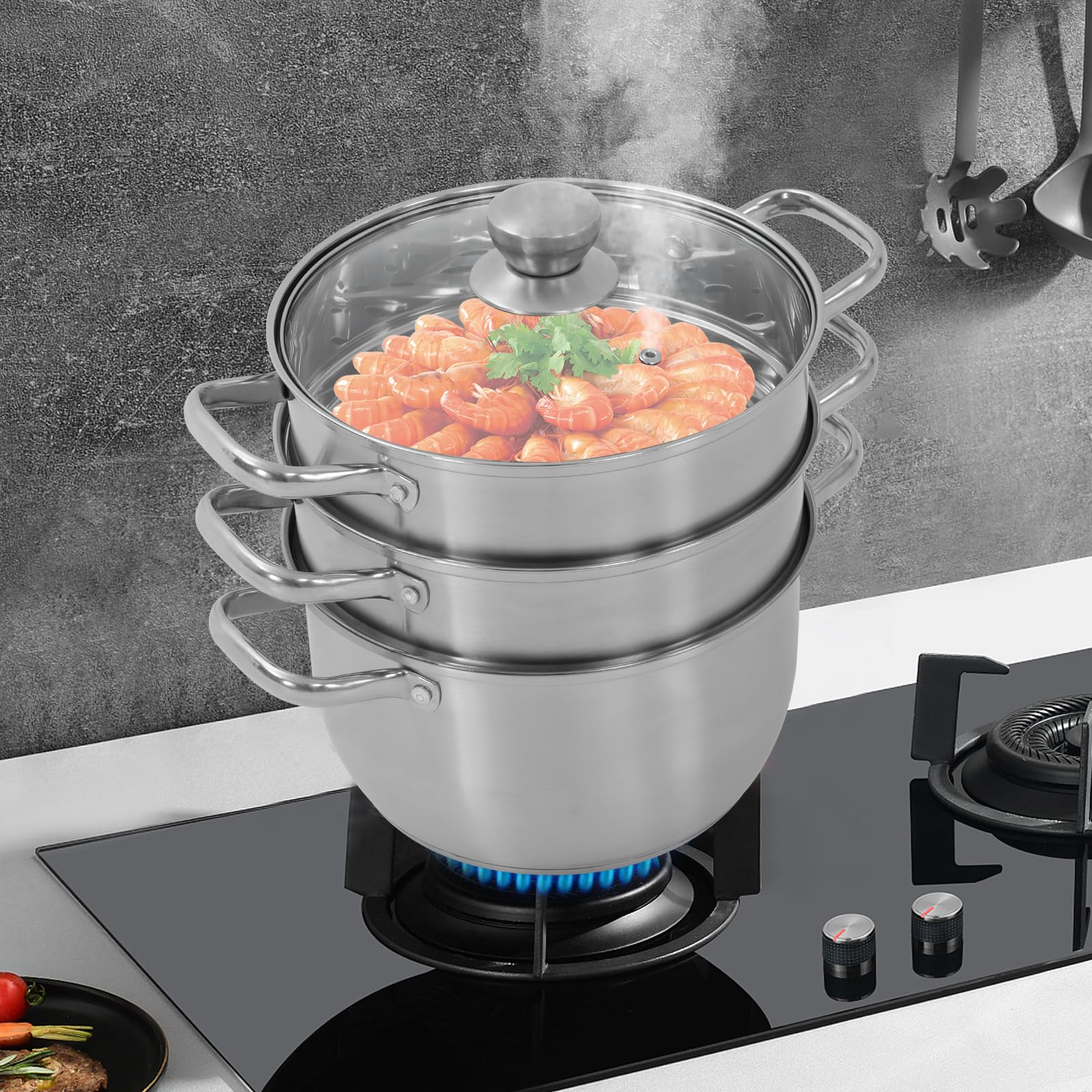 Gardampfkochtopf 3 Etagen Mantowarka Dampfkocher aus Edelstahl, 24cm Dampfgarer Topf Multifunktionale Dampfeinsätzen Kartoffeldämpfer Dampfgartopf Dampfgarer Kochtopf mit 2 Dämpfschalen