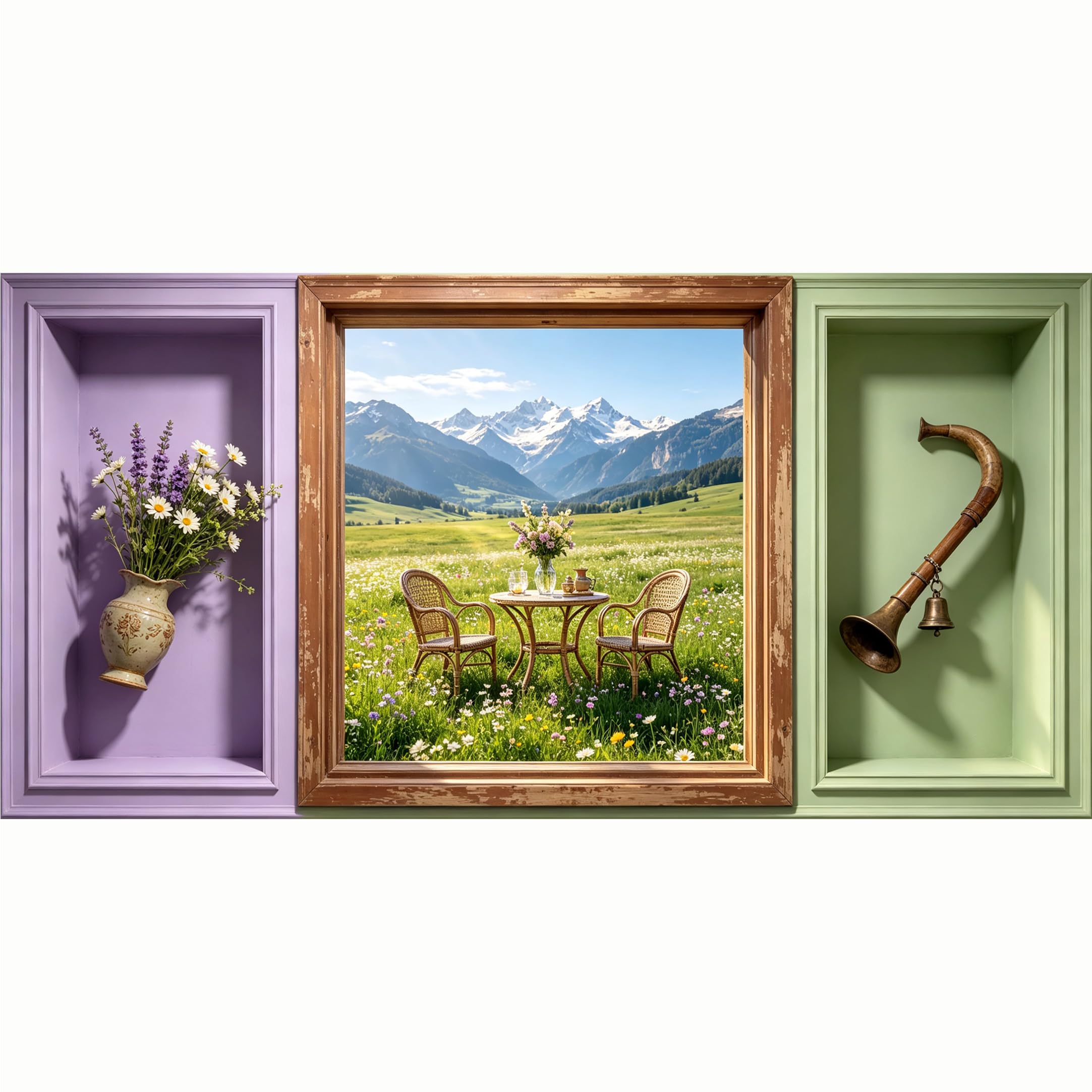 QZLITHOTIC 50x100cm 3D Framed Wall Art， Mountain Meadow Landscape Scenic View SelfAdhesive Mural， WaterActivated Peel & Stick Fabric Decor Wall Decal for Bedroom Living Room