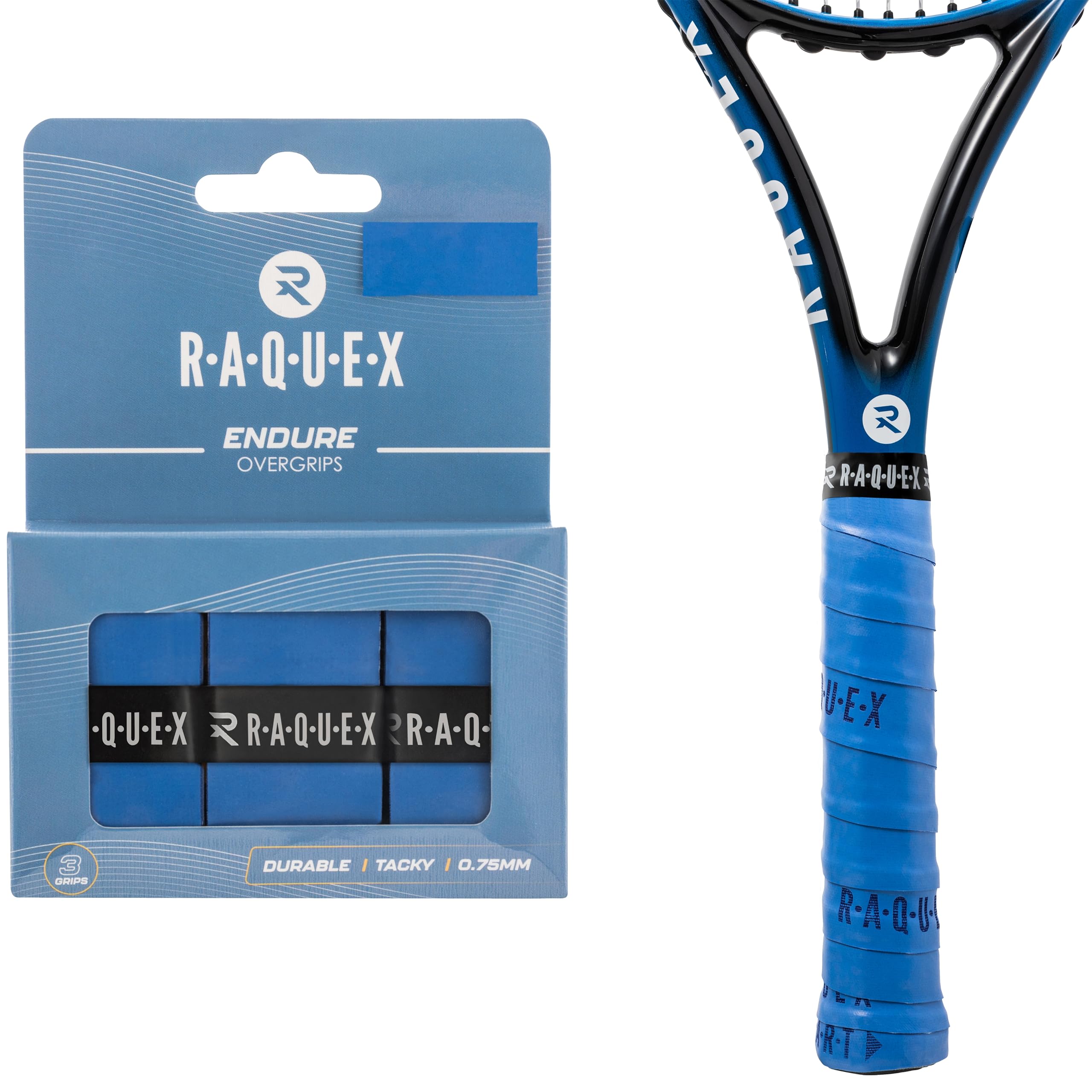 Raquex Paquete de 3 Cintas Endure, de 0,75 mm de Grosor, para empuñaduras de Raquetas, Antideslizantes, para Raquetas de Tenis, bádminton, Squash y pádel