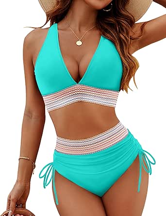 Ocevara - High Waisted Bikini Sets for Womens Tankini Tummy Control Swimsuits Color Block Two Piece Drawstring Bathing Suit main image 1