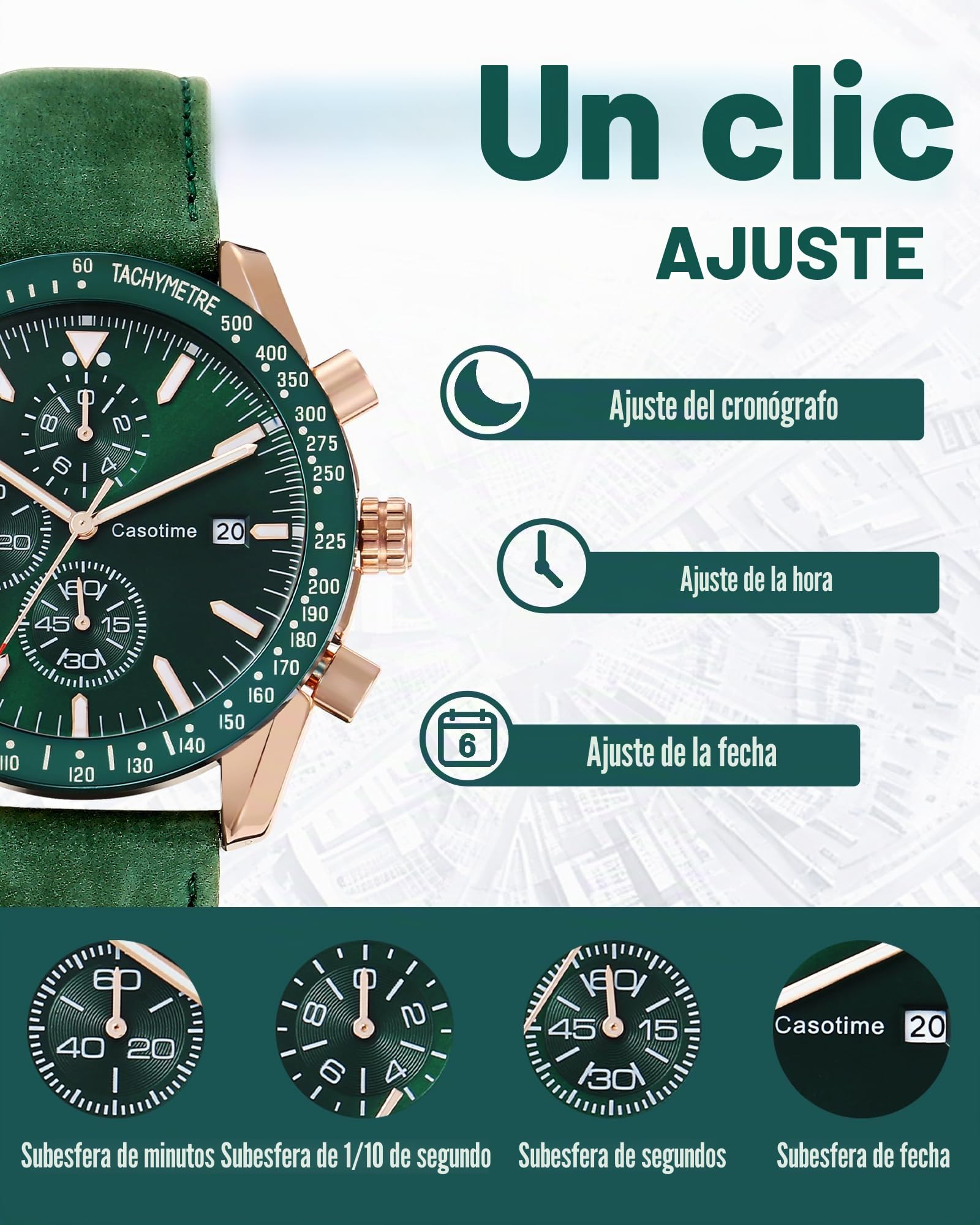 Casotime Reloj Cronógrafo Hombre de Cuero - Resistente al Agua 30M, Cuarzo Analógico con Fecha, Esfera Grande - Clásico y Elegante para Día a Día, Trabajo & Deporte - Regalo Elegante para Hombres