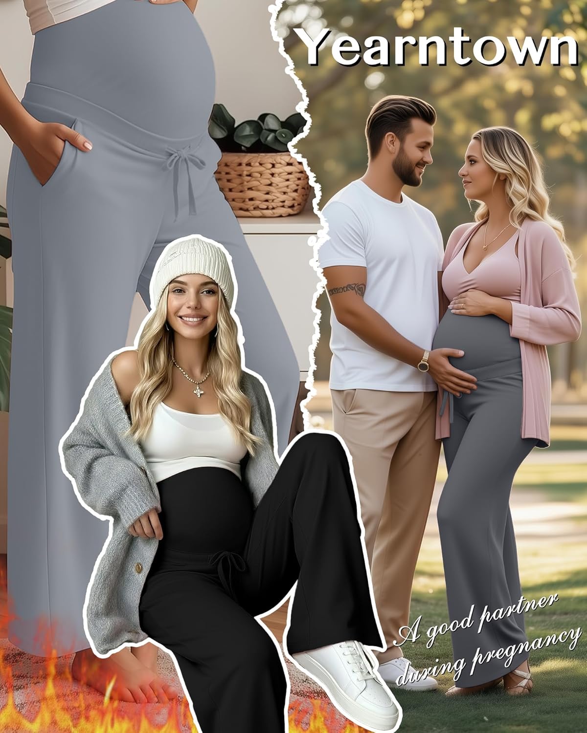 3 Pack Fleece Lined Maternity Pants Pregnant Lounge Pants Wide Leg Casual Sweatpants with Drawing and Pocket - Image 4