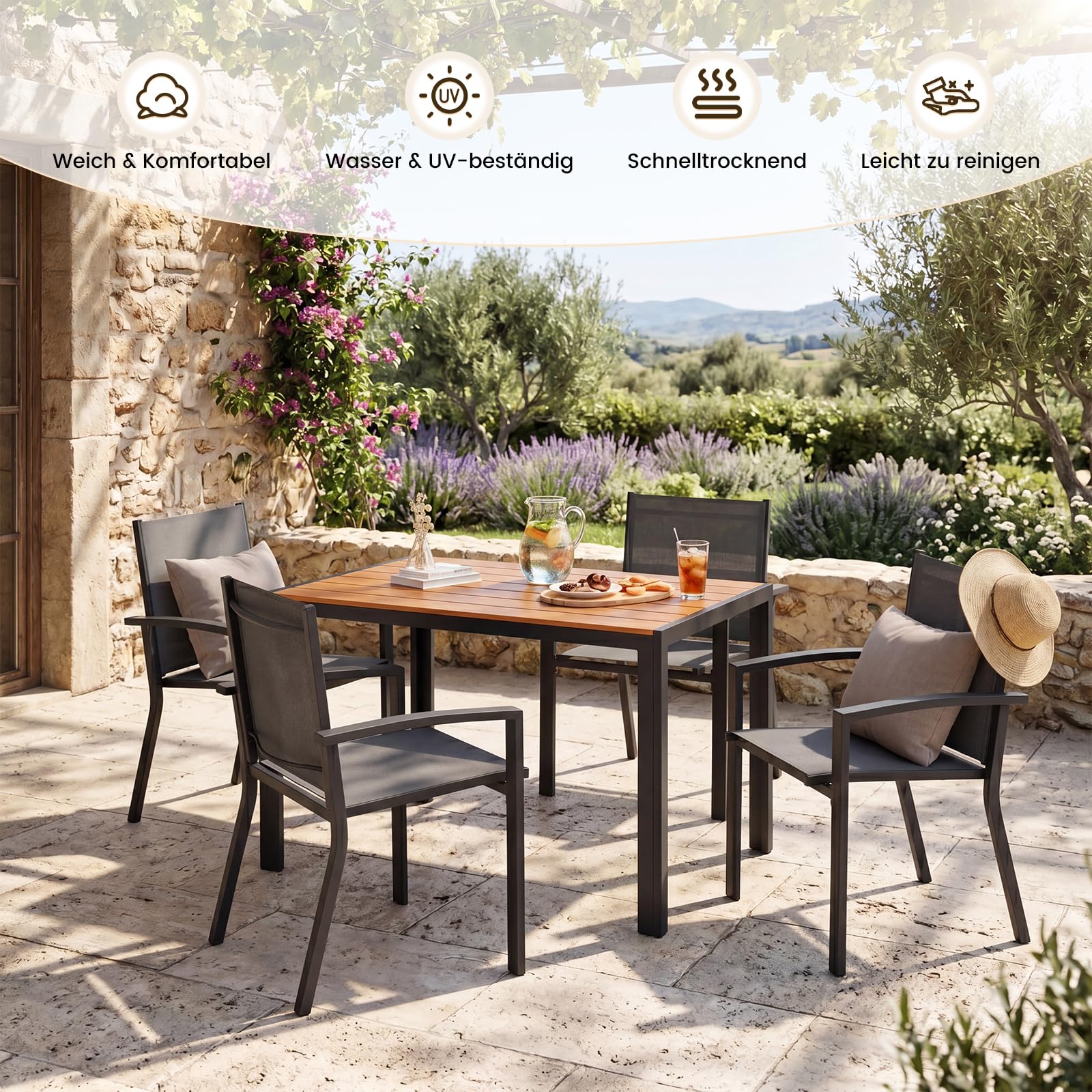 UDPATIO Wetterfest Gartenmöbel Set 5-TLG, Aluminium WPC Gartentisch + 4er Gartenstühle Stapelbar mit Armlehnen, Terrassenmöbel Balkonmöbel für Garten,Terrasse,Veranden, Teakbraun + Grau