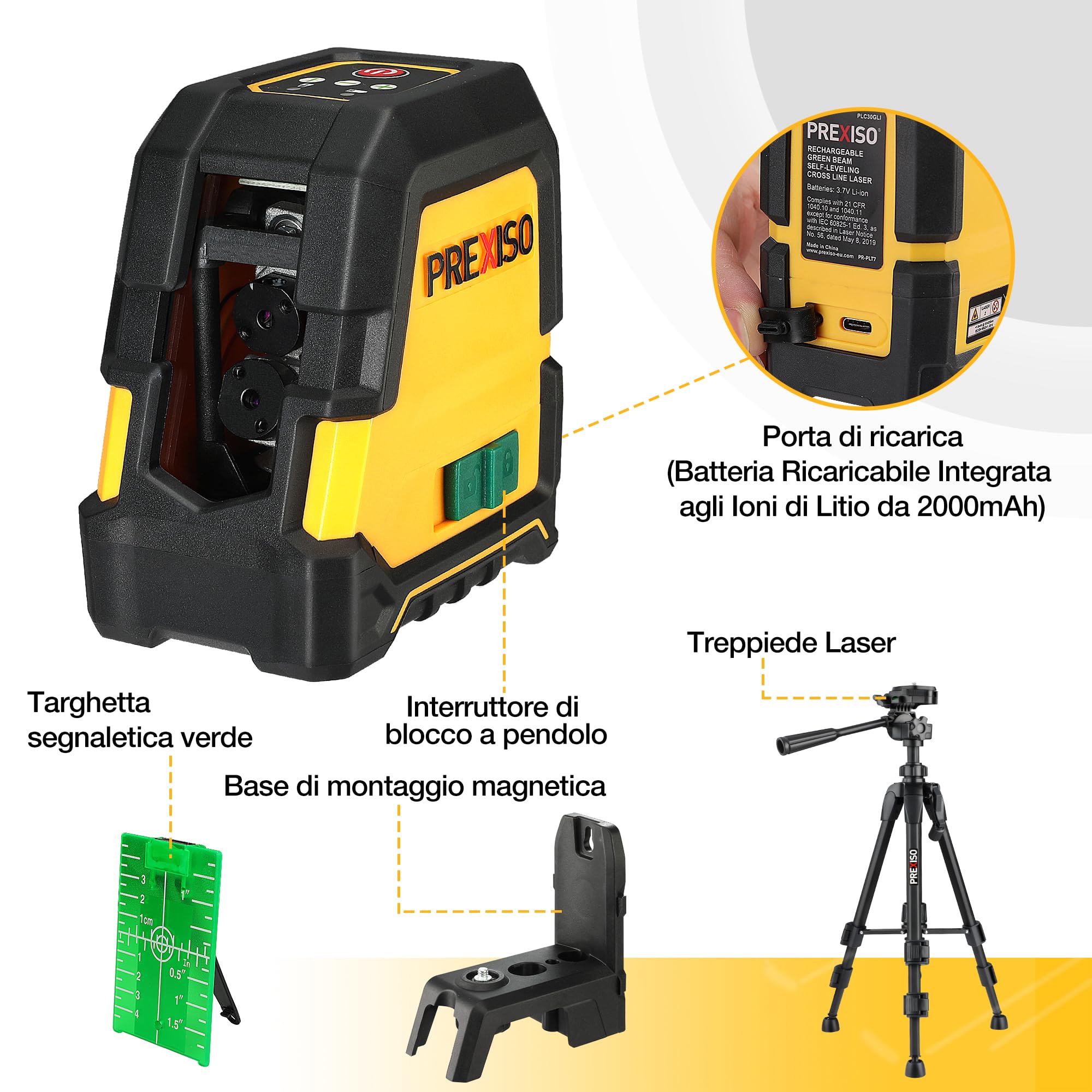 PREXISO Laser a Linee, Livella a Linea Laser, Livella Autolivellante, Laser a Linea Verticale/Orizzontale, Laser Verde con 3 Modalità, Livella Laser Professionale con Supporto Magnetico e Treppiede
