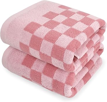 Jacquotha Pink Checkered Bath Towels for Bathroom Beach Pool, 2-Piece Quick Dry Soft Cotton Towels for Her Women Girls, 27.5x55 Inches