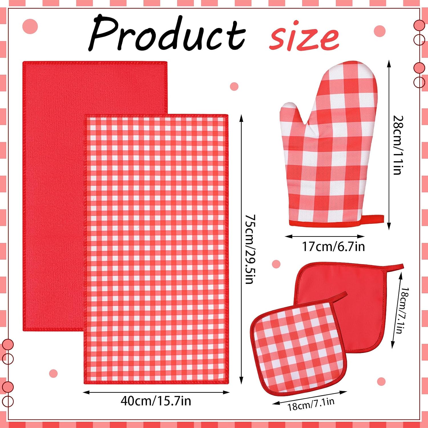 5 Pcs Gingham Towel Oven Mitts and Pot Holder Housewarming Gift, Red