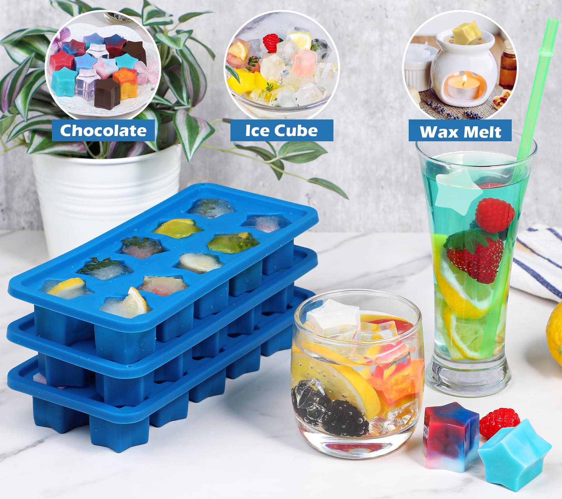 Webake Silicone Ice Cube Trays Star Shaped Ice Cube Molds for Whiskey and Cocktails, Easy Release Jelly Crayon Mold Pack of 3 Blue