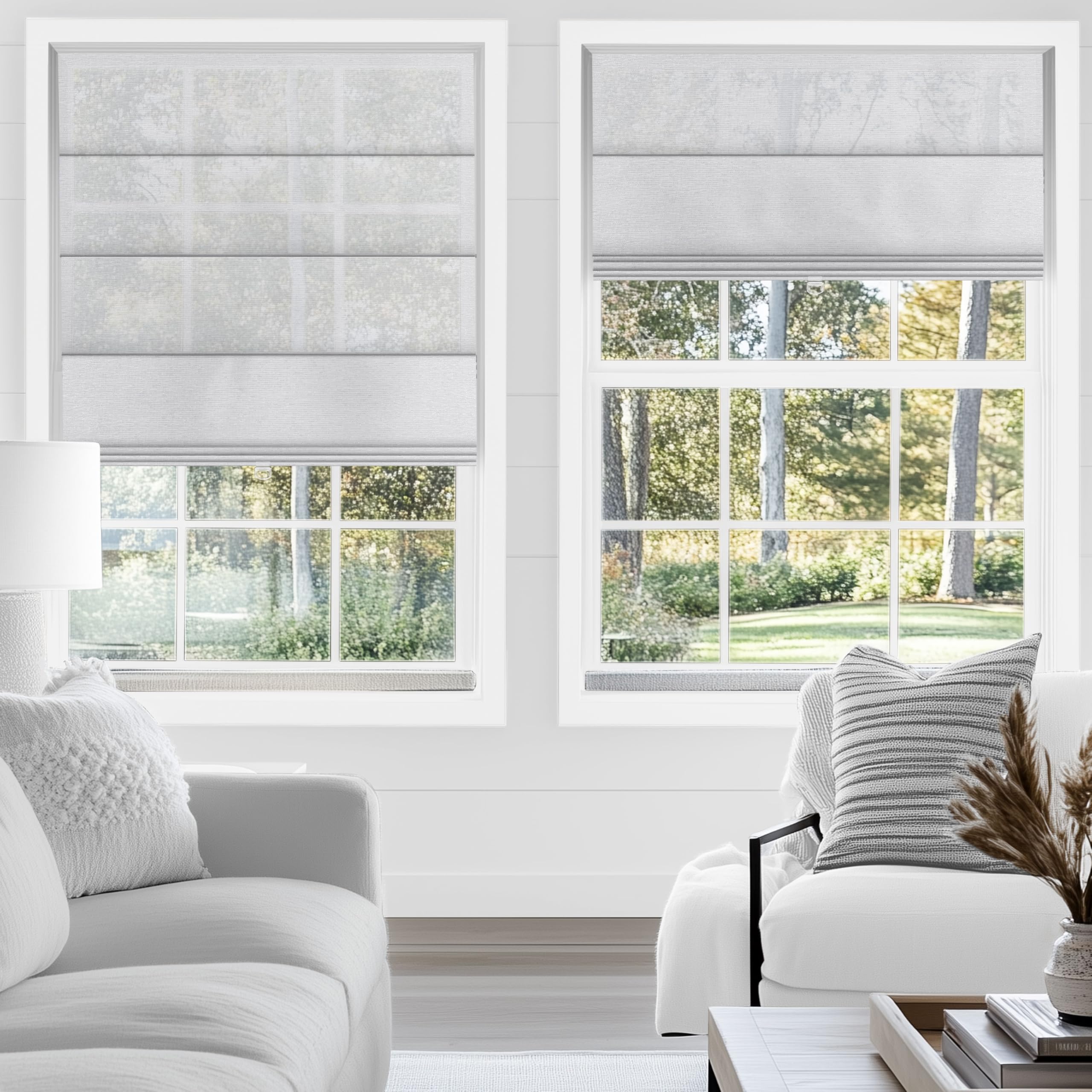 Sulugood Cordless Roman Shades for Windows Light Filtering, Treatment Insulated Window Shades for Home Living Room Bedroom, See Through - White 22