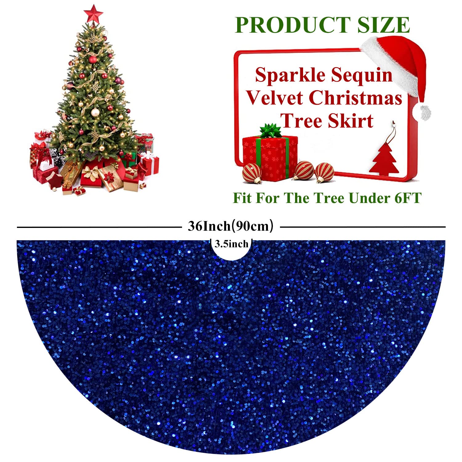 Gonna Per Albero Di Natale In Velluto Blu Reale Con Paillettes, 91 Cm, Morbida E Lucente Per Decorazioni Natalizie