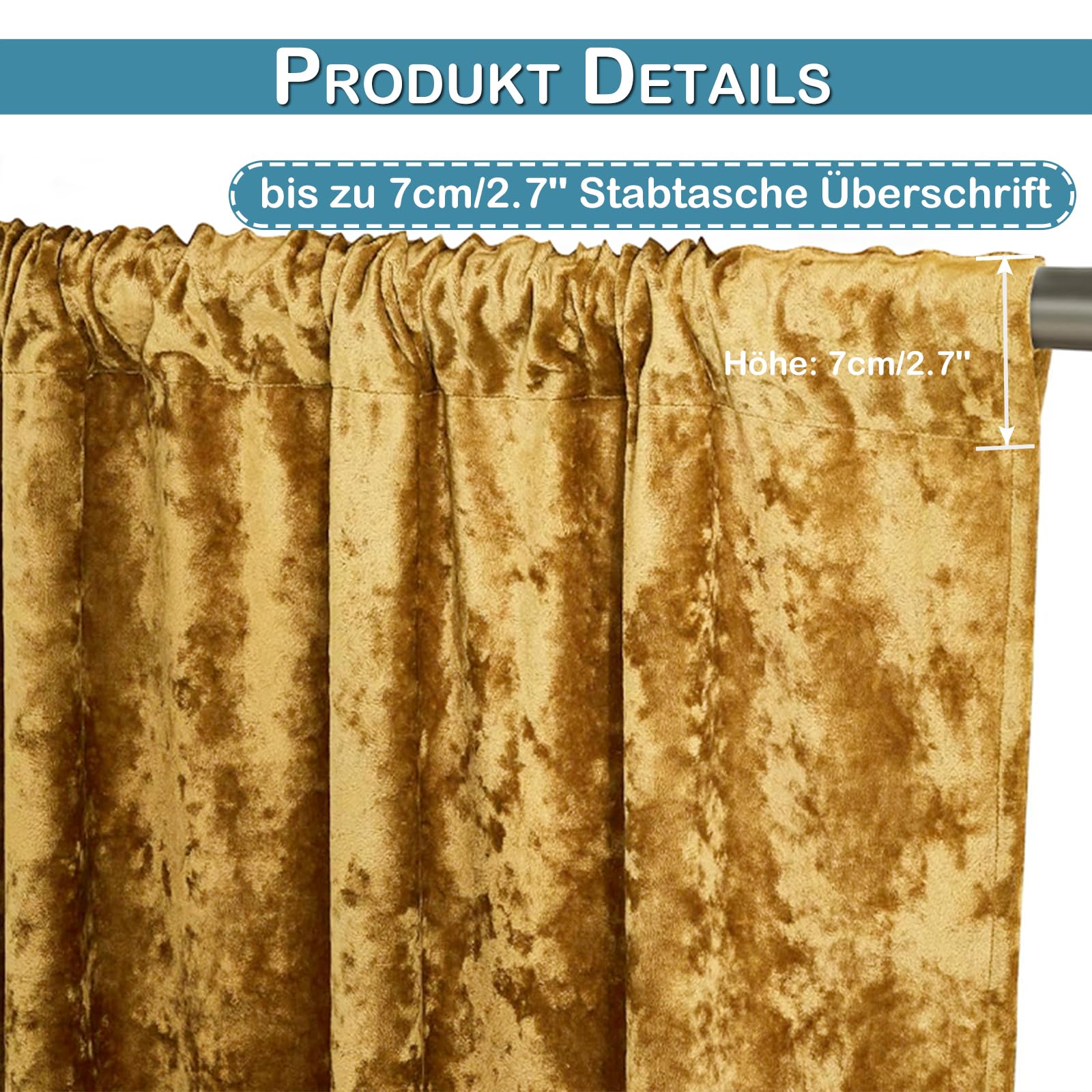 2er Set Samtvorhang Stangentasche, Luxus Vorhänge Verdunkelung Samt, Velvet Gardinen Blackout Curtains mit Eisblumen Muster, Thermovorhang Wohnzimmer Schlafzimmer H260xB140CM, Gold