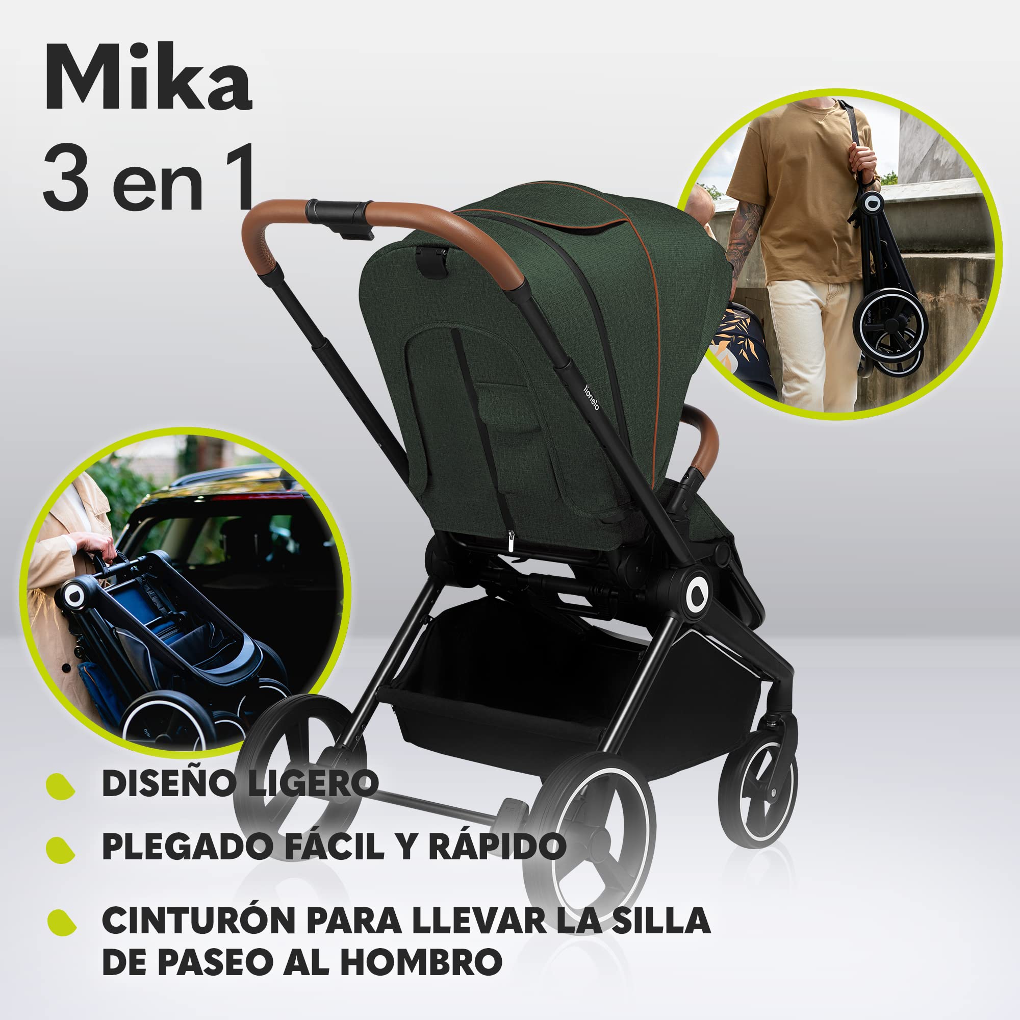 LIONELO Mika cochecito de bebé 3 piezas, coche de bebé 3 en 1, carrito para bebé, carro bebé 3 piezas el conjunto, silla de paseo, capazo y silla de coche