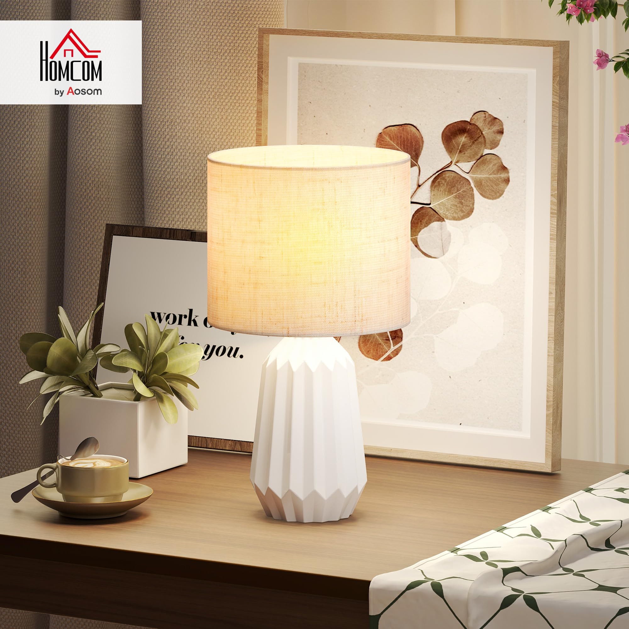 HOMCOM Lampe de Table avec Base en Céramique, Culot E27, Blanc et Beige