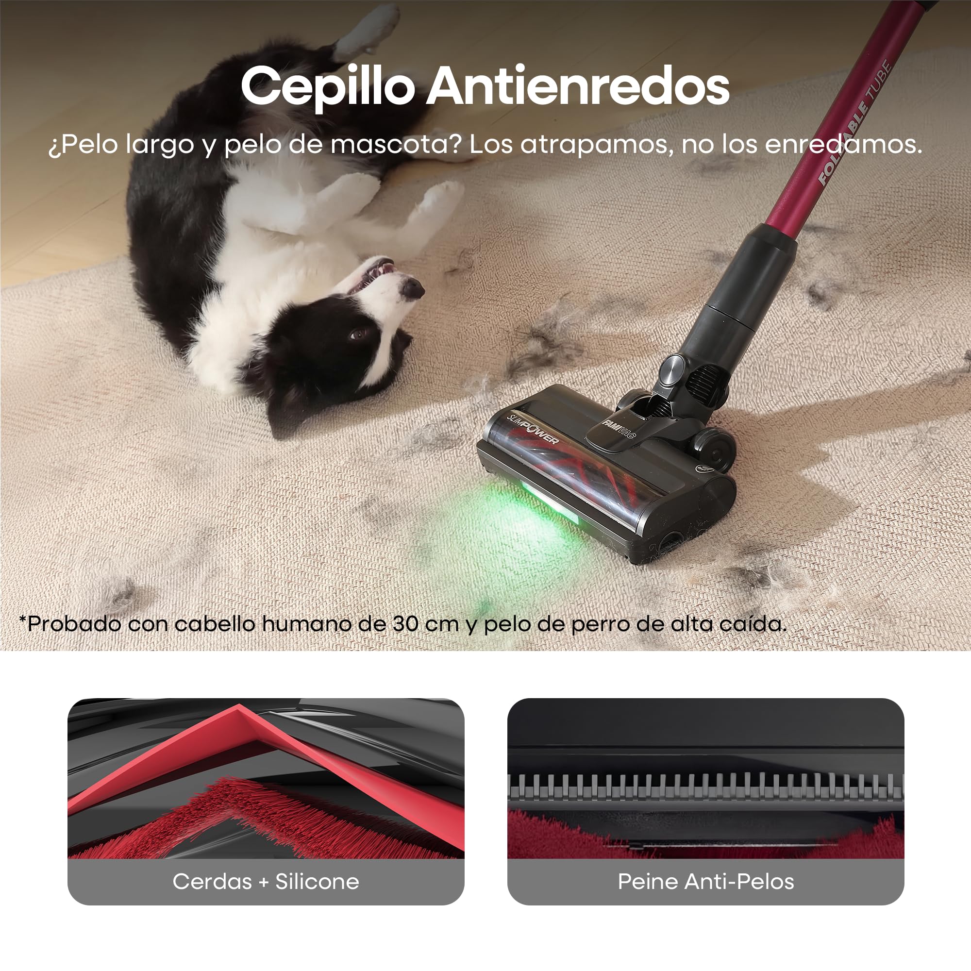 FAMIVAC FV3 Aspiradora sin Cable 60KPa/50Min/120㎡, Barra Plegable, Autoportante con Cepillo Antienredo y Luz Verde, Ligero de 1.5KG, Aspiradora de Mano para Suelos/Alfombras/Pelos/Coche