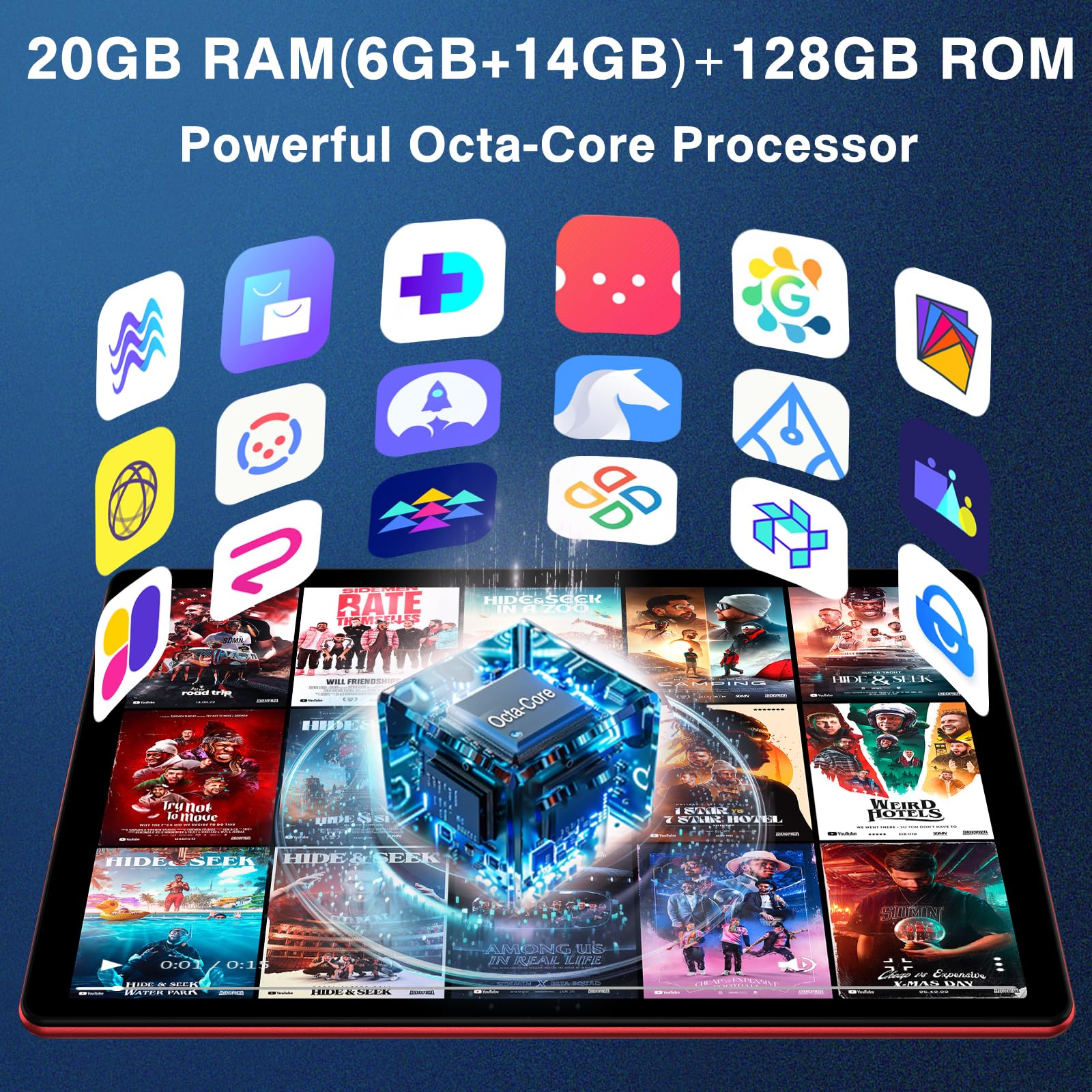 Tablette 10 Pouces Android 15 avec Gemini AI, 20 Go RAM + 128 Go ROM + Extension de 2 To, Widevine L1, Octa-Core, 6000 mAh, Wi-Fi 6, BT 5.0, 8MP + 5MP, Tablette Tactile avec Clavier et Souris, Rouge
