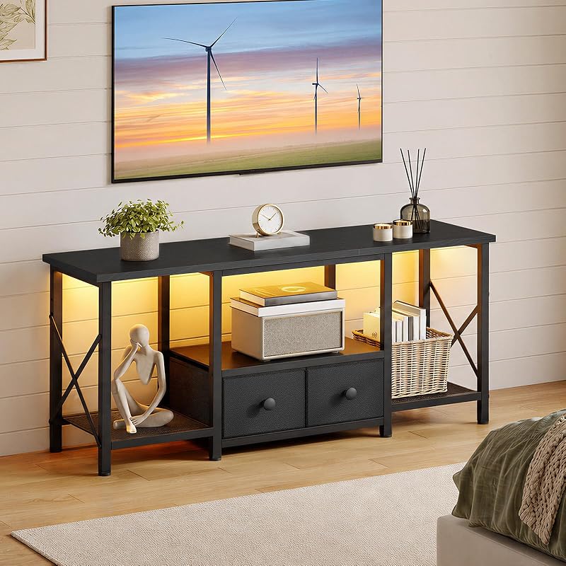 TV Stand with LED Lights, Entertainment Center with 2 Fabric Drawers image 6