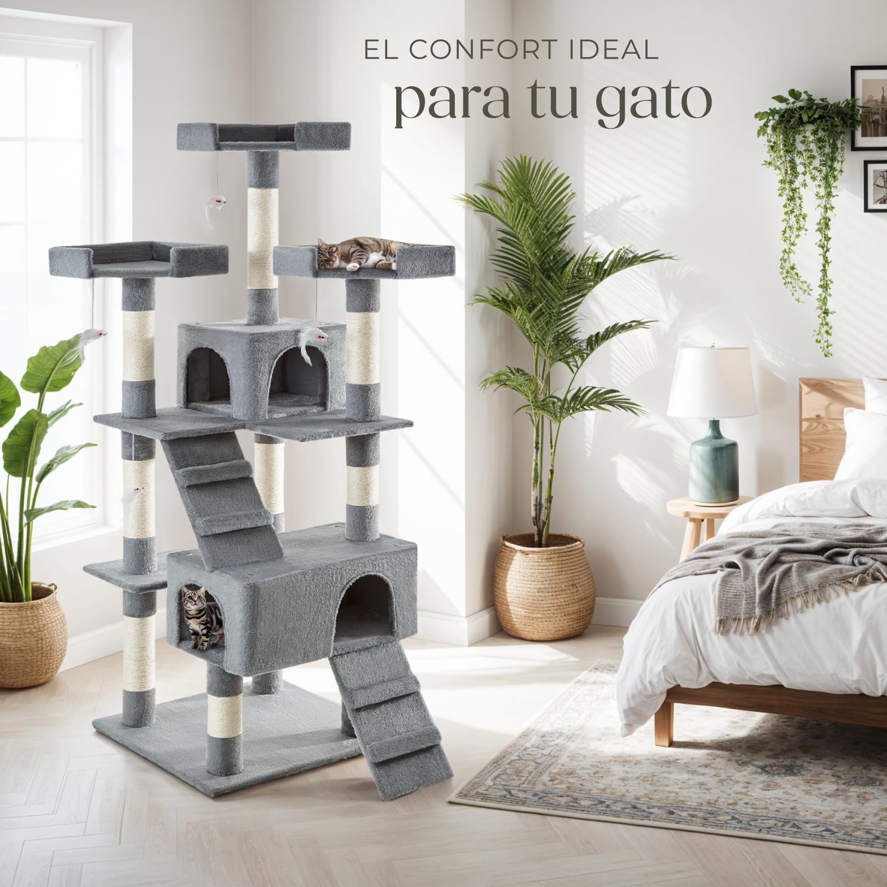 TecTake® Árbol para gatos Rascador para gatos de sisal H170 cm, Juegos para gatos Apartamento Accesorio Rascador Nido Cama Cesta Cama para gatos Juego de ratón Escalera