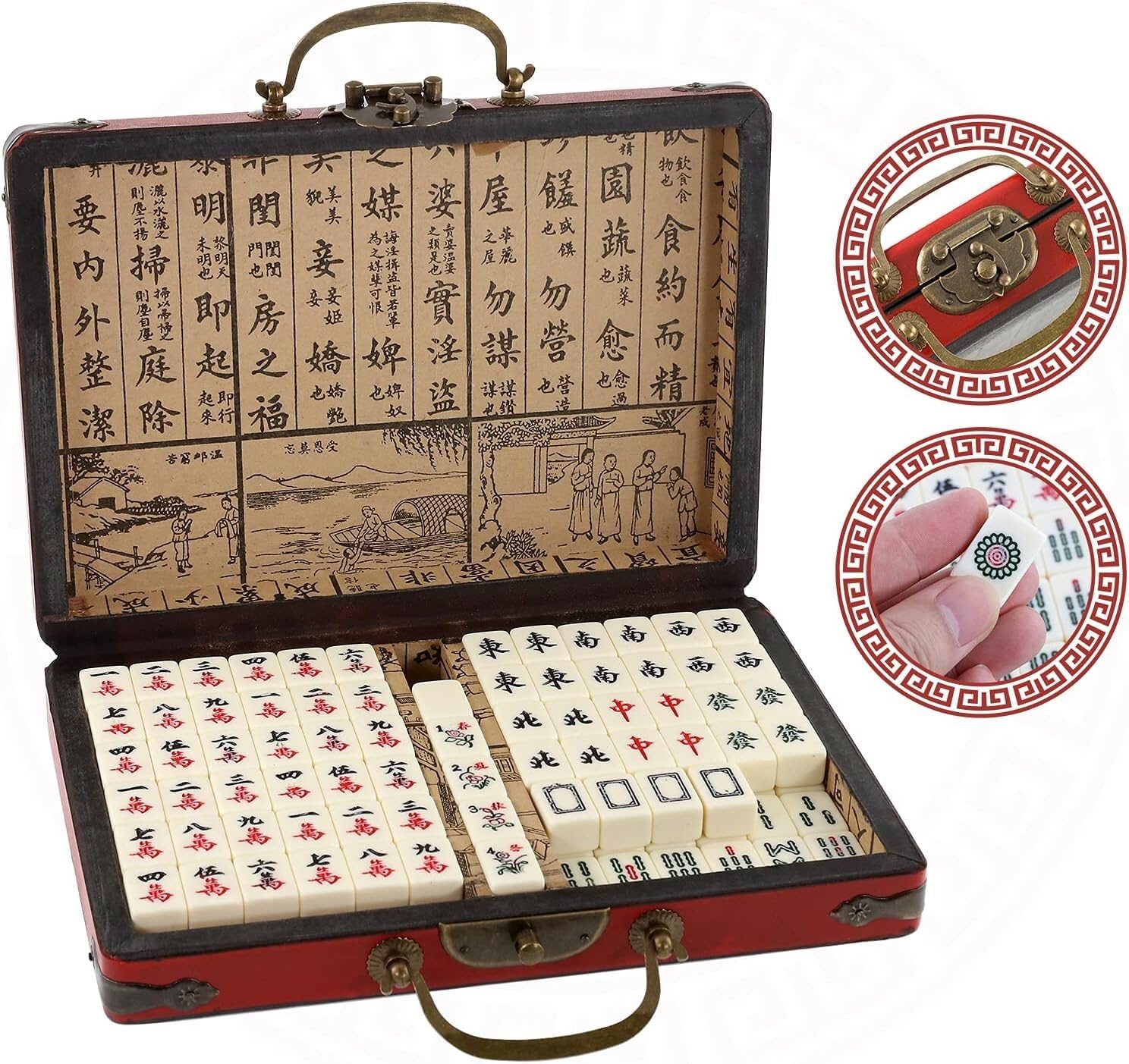 Mini Chinese Majong Set Solid Mahjong Game 144PCS Mahjong Tile Set 2PCS Dadi e Custodia in Pelle(8.7''X4.3''X5.9'')