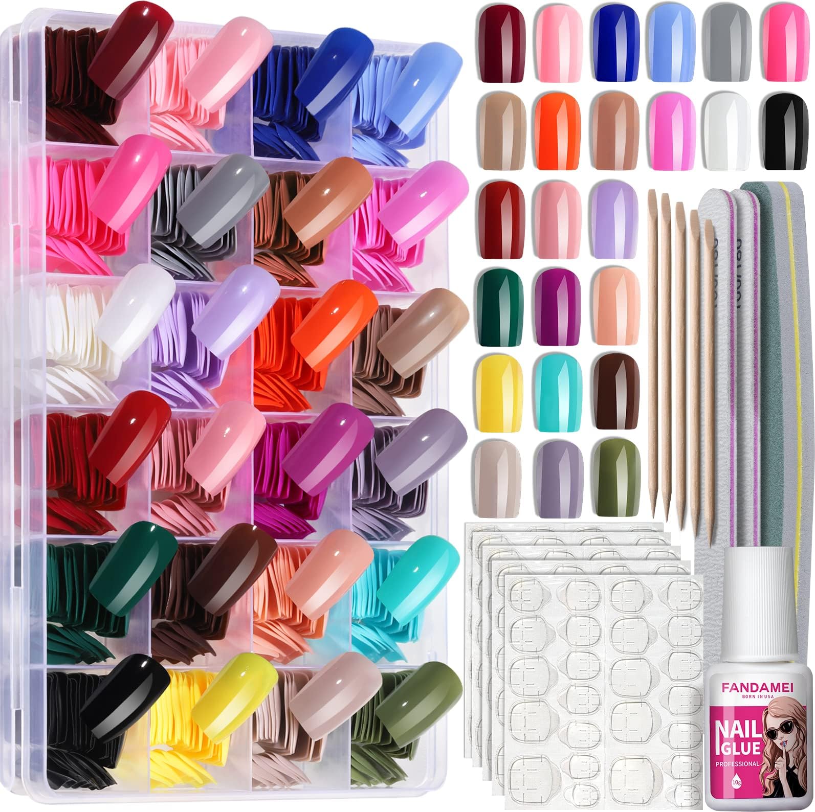 FANDAMEI 24 Colors Press on Nails Square, 24 Packs 576PCS Press on Nails Medium Glossy, Lightweight Natural Fake Nails Full Cover, False Nails with Glue, Short Square Acrylic