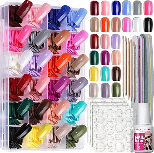 FANDAMEI Uñas postizas cuadradas a presión de 24 colores, 24 paquetes de 576 unidades, uñas postizas cuadradas medianas, brillantes, ligeras,