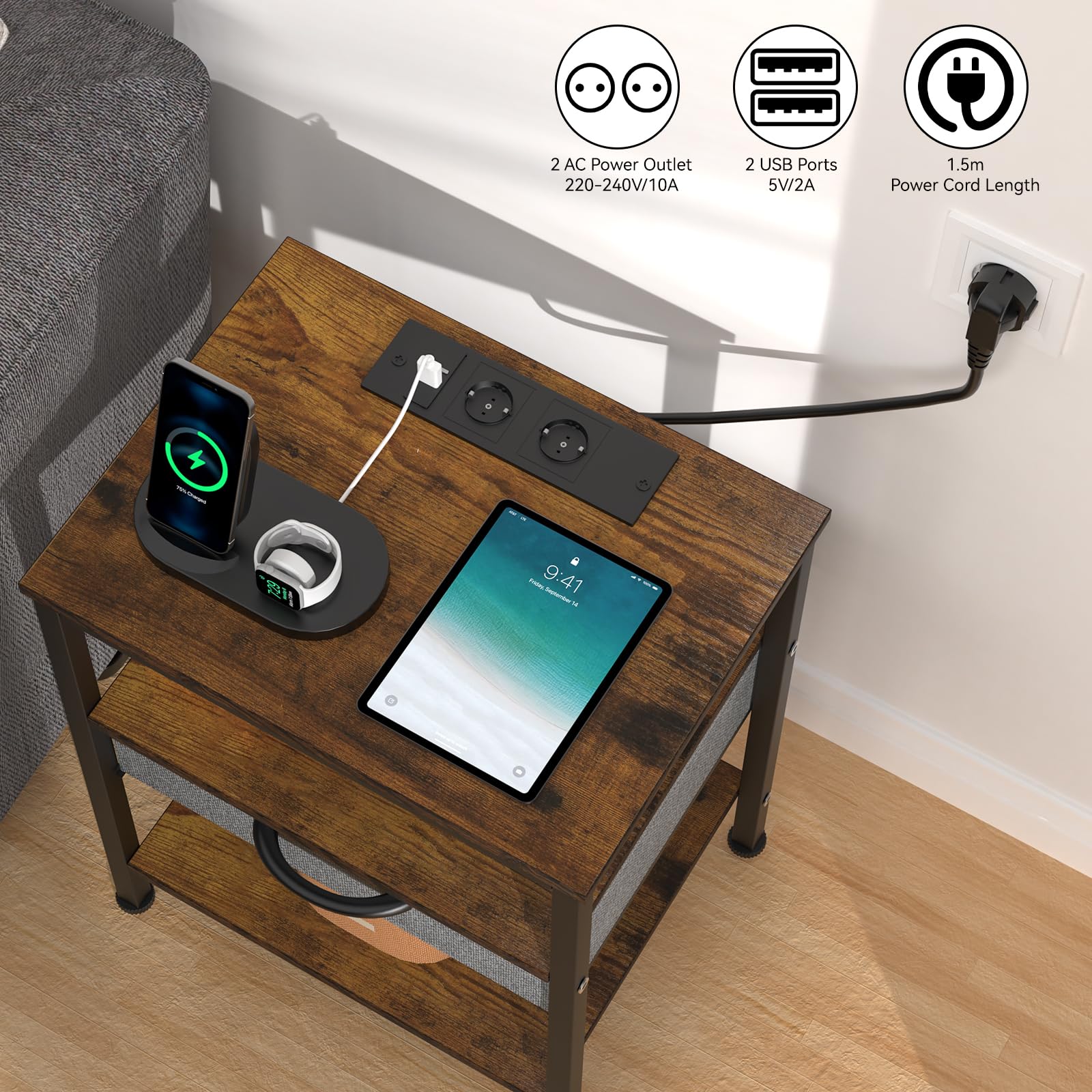 Tavolino Con Ricarica USB YITAHOME - Comodino Con 2 Prese AC E 2 USB, Armadietto, Design A X | 40x35x60cm Grigio - Foto 2