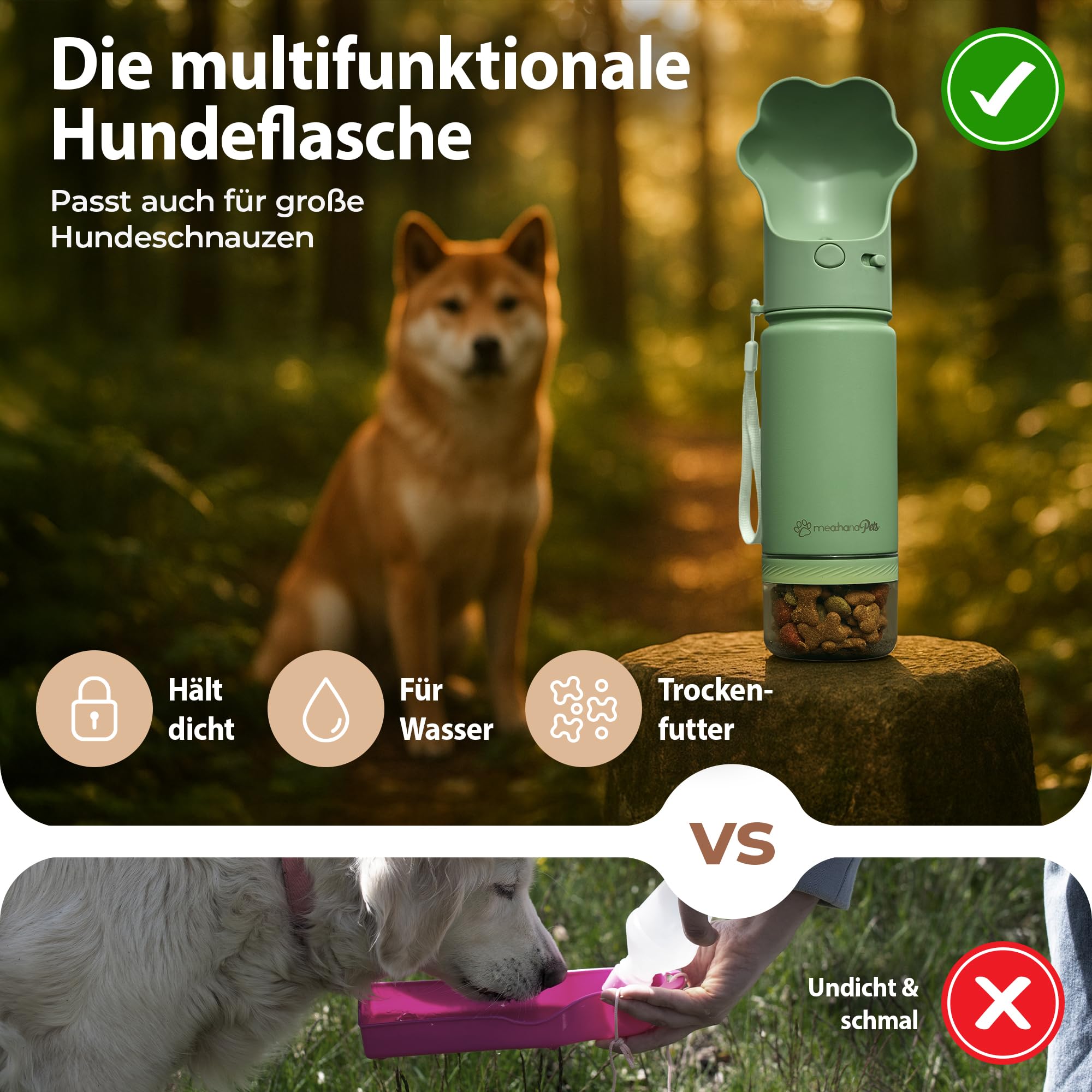 Pets Hundetrinkflasche für unterwegs mit Trinkdeckel & Aufbewahrung -Ideal für Reisen,Outdoor- Isolierte Edelstahl Flasche,Hundeflasche mit Futterbehälter - GRATIS Zusatz-Deckel mit Karabiner