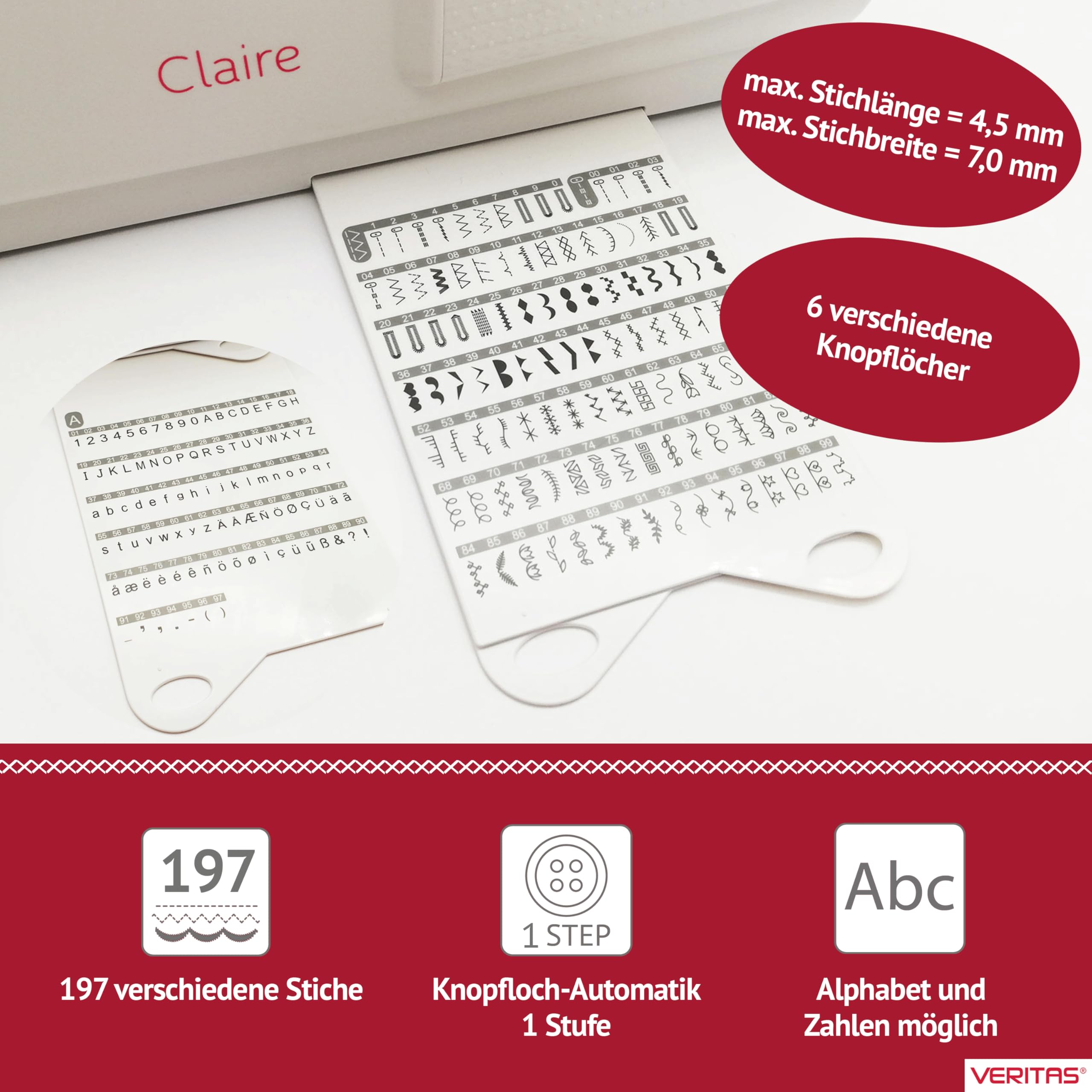 VERITAS Claire Computer-Nähmaschine mit LCD-Display – 197 Stiche inkl. Alphabet & Zahlen, viele Automatikfunktionen, Freiarm, Fußpedal, Memory-Funktion, Testsieger Note 1,1 (02/26)